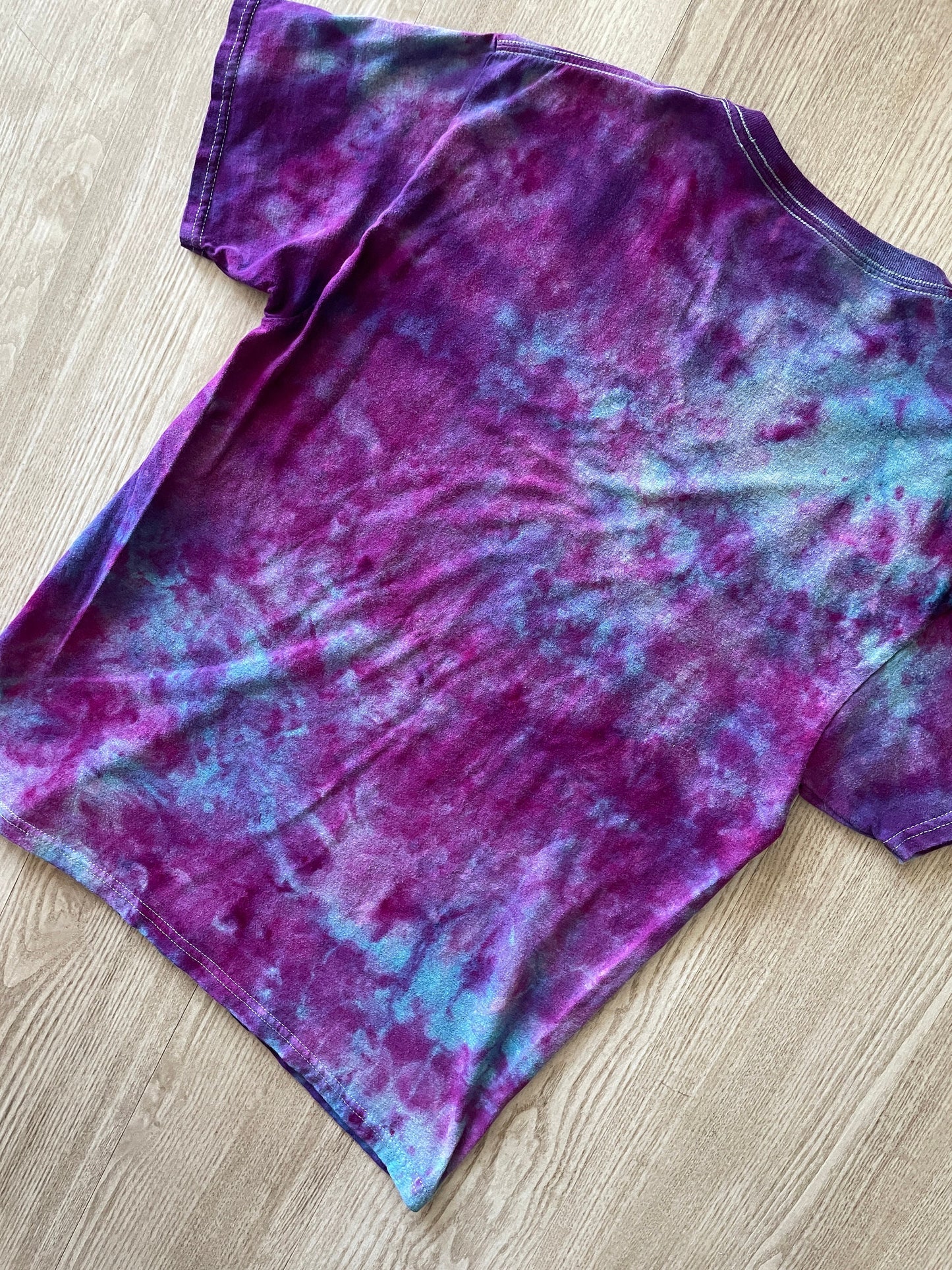 Medium Men's Hand-Printed Floral Galaxy Tie Dye Short Sleeve T-Shirt | Handmade One-Of-a-Kind Upcycled Blue, Purple, and Pink Ice Dye