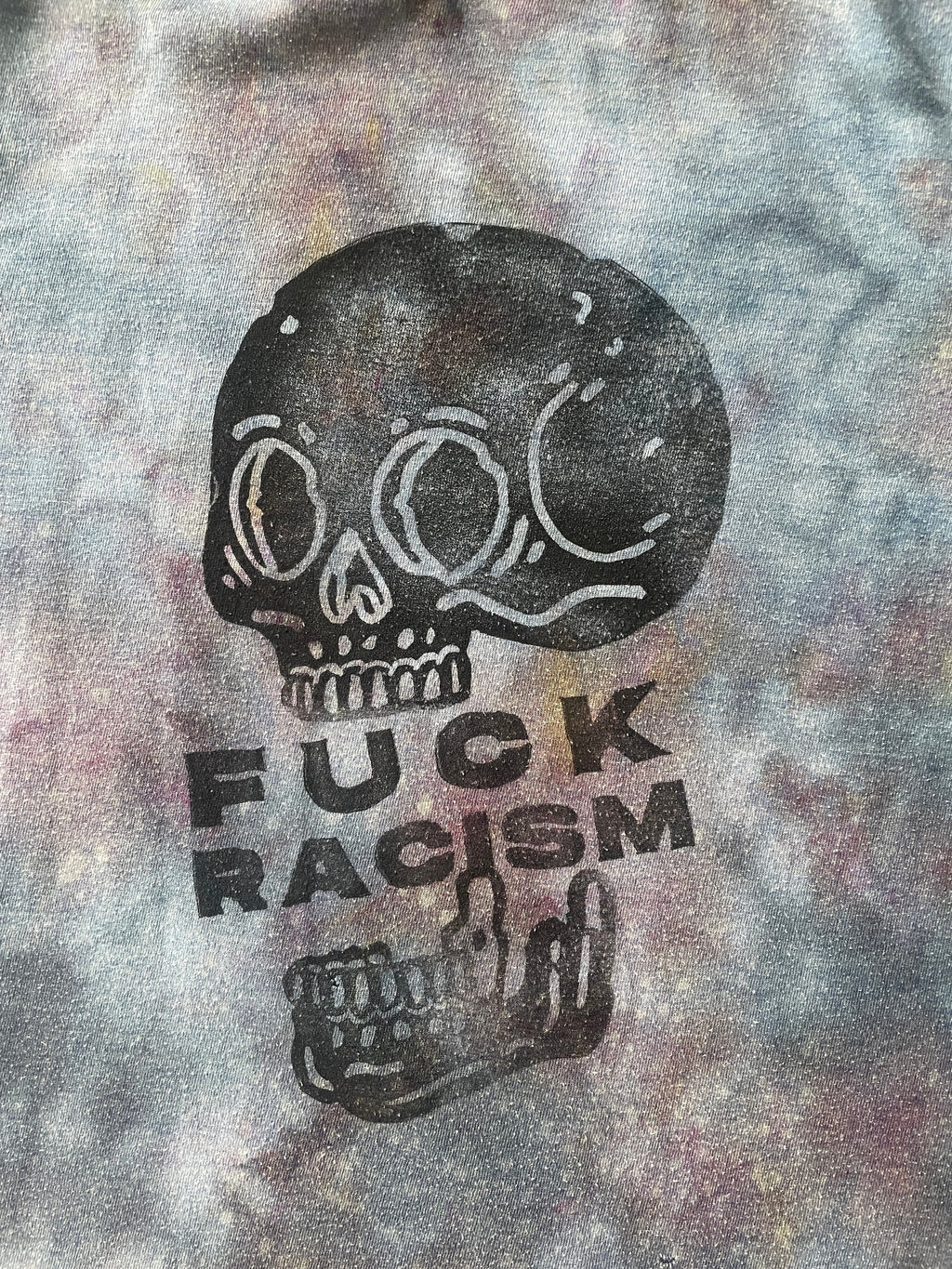 Small Men's Hand-Printed Fuck Racism Skull Galaxy Tie Dye Short Sleeve T-Shirt | Handmade One-Of-a-Kind Upcycled Black and Gray Top