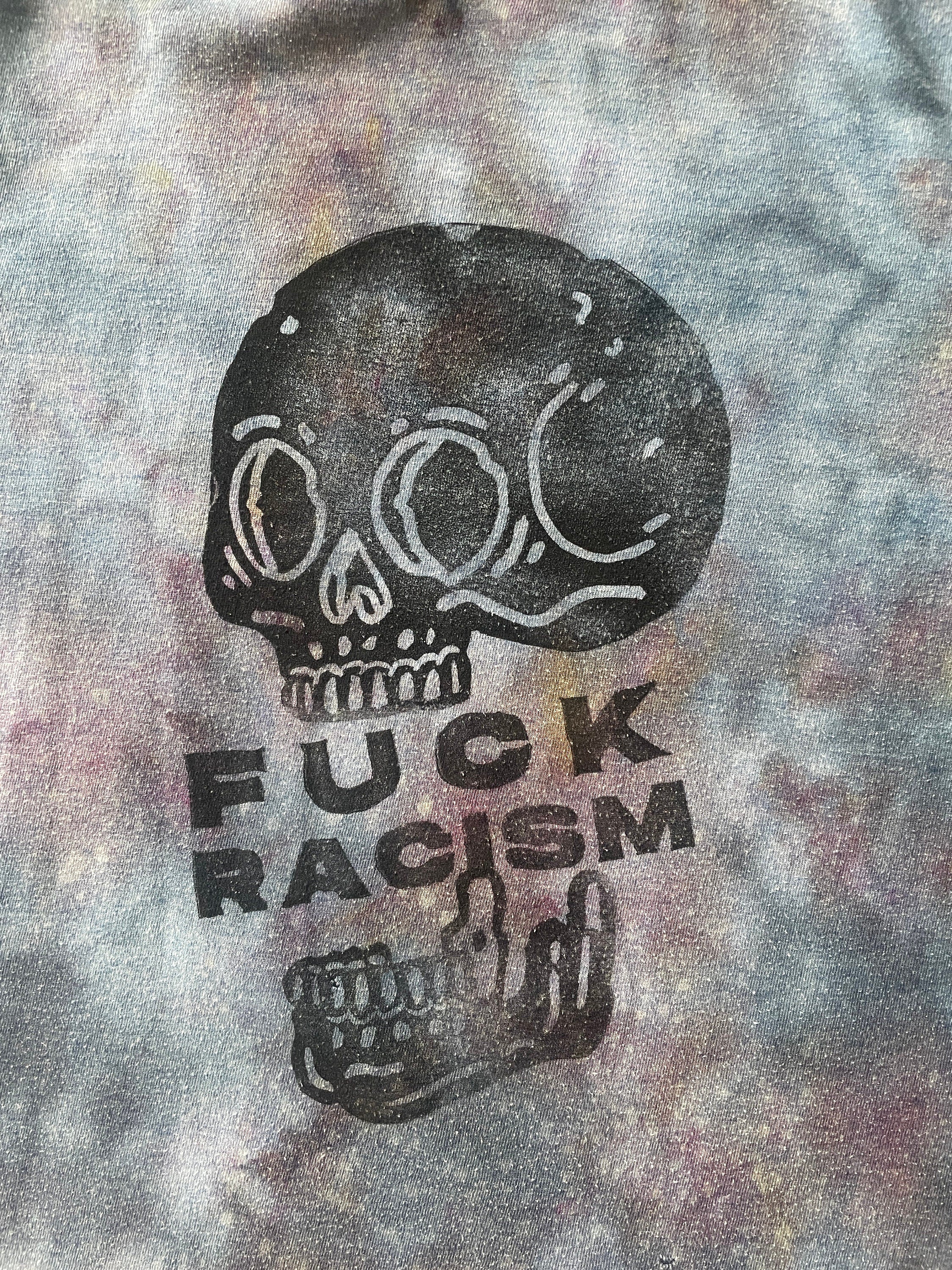 Small Men's Hand-Printed Fuck Racism Skull Galaxy Tie Dye Short Sleeve T-Shirt | Handmade One-Of-a-Kind Upcycled Black and Gray Top