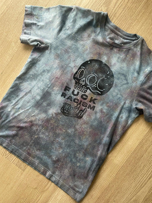 Small Men's Hand-Printed Fuck Racism Skull Galaxy Tie Dye Short Sleeve T-Shirt | Handmade One-Of-a-Kind Upcycled Black and Gray Top