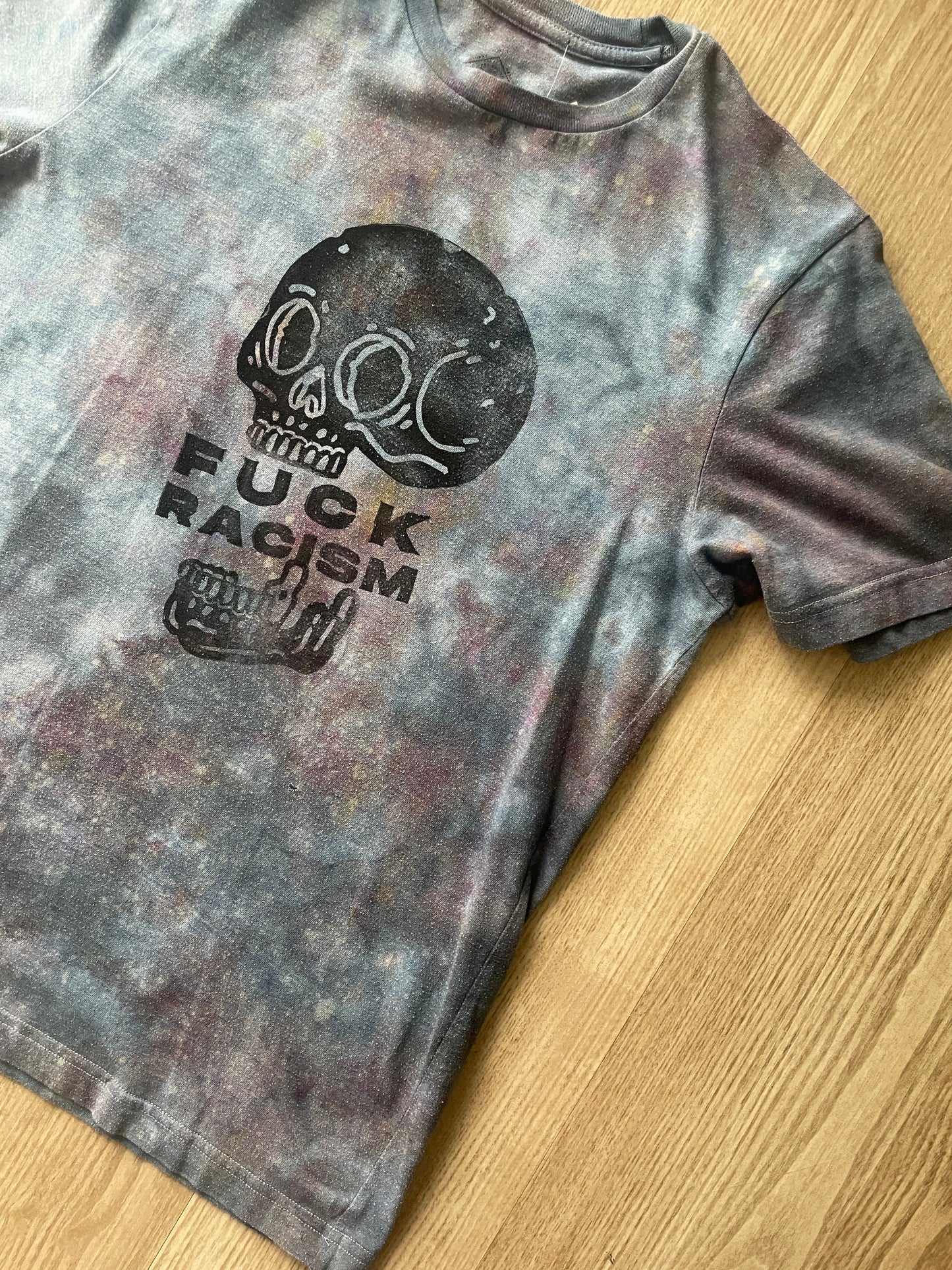 Small Men's Hand-Printed Fuck Racism Skull Galaxy Tie Dye Short Sleeve T-Shirt | Handmade One-Of-a-Kind Upcycled Black and Gray Top