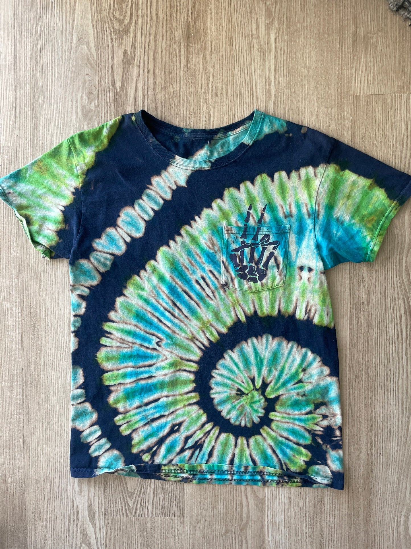 M/L Men's Hand-Printed Skeleton Peace Sign Reverse Tie Dye Short Sleeve T-Shirt | Handmade One-Of-a-Kind Upcycled Green and Blue Spiral Top