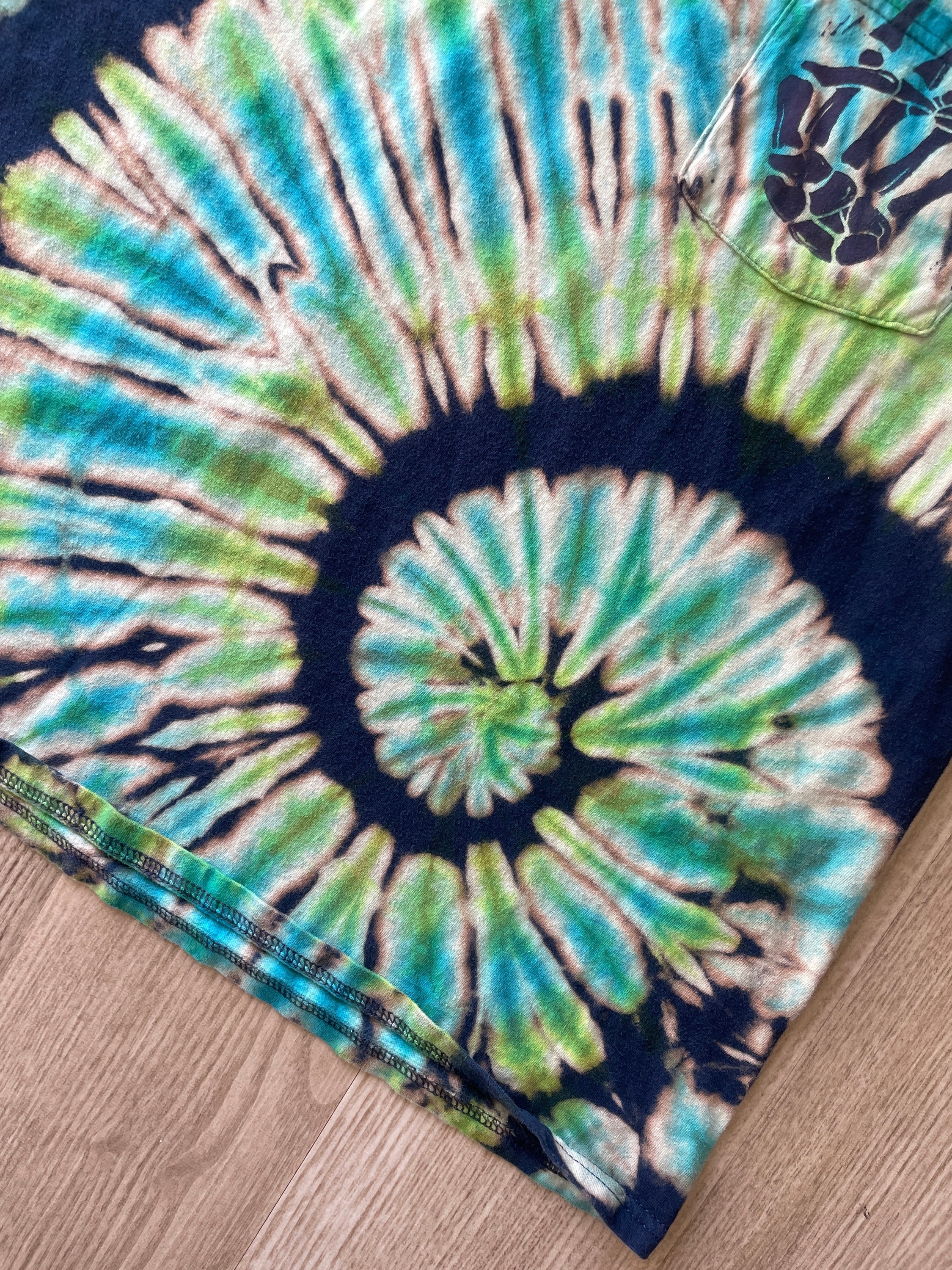 M/L Men's Hand-Printed Skeleton Peace Sign Reverse Tie Dye Short Sleeve T-Shirt | Handmade One-Of-a-Kind Upcycled Green and Blue Spiral Top