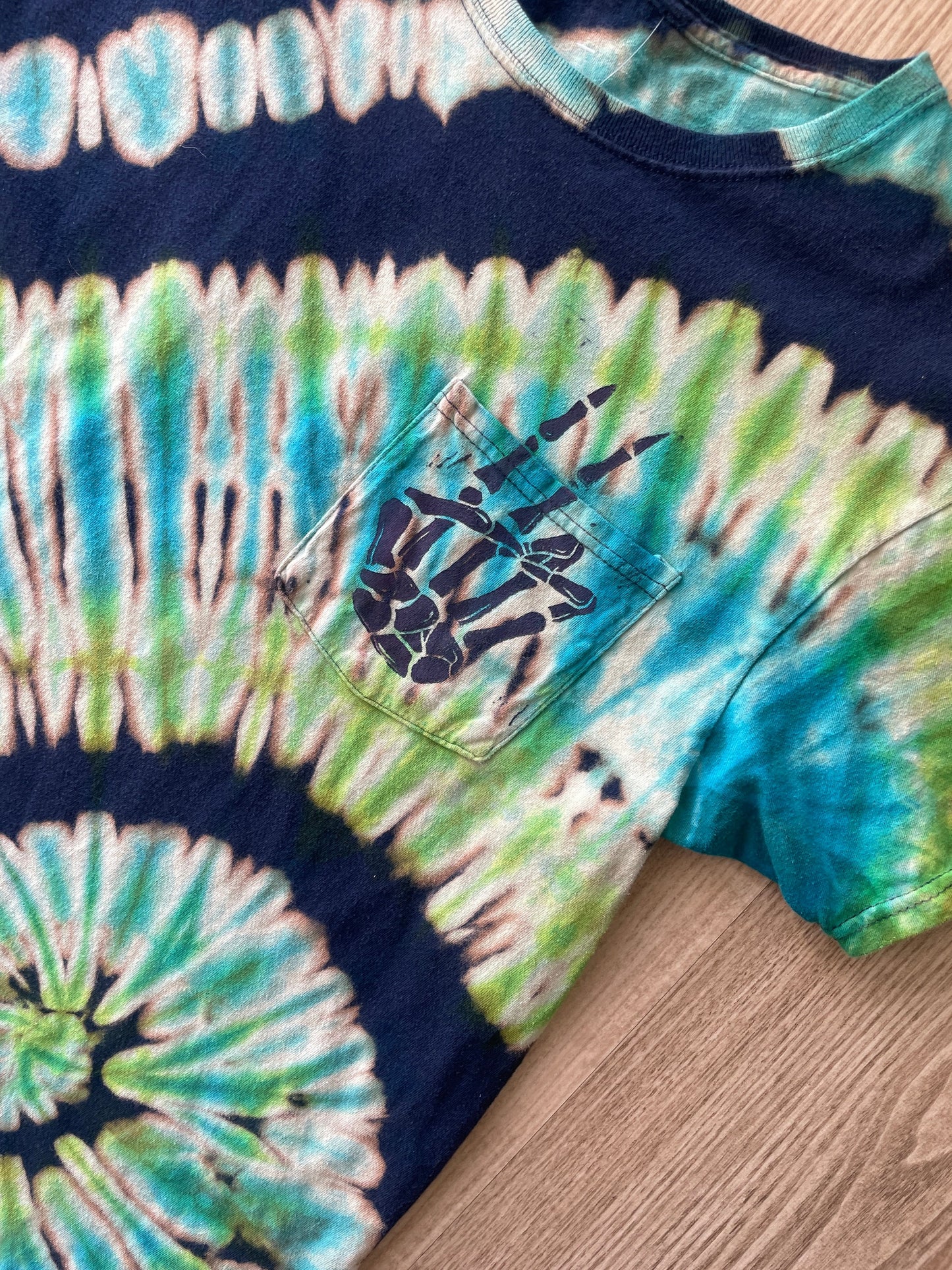 M/L Men's Hand-Printed Skeleton Peace Sign Reverse Tie Dye Short Sleeve T-Shirt | Handmade One-Of-a-Kind Upcycled Green and Blue Spiral Top