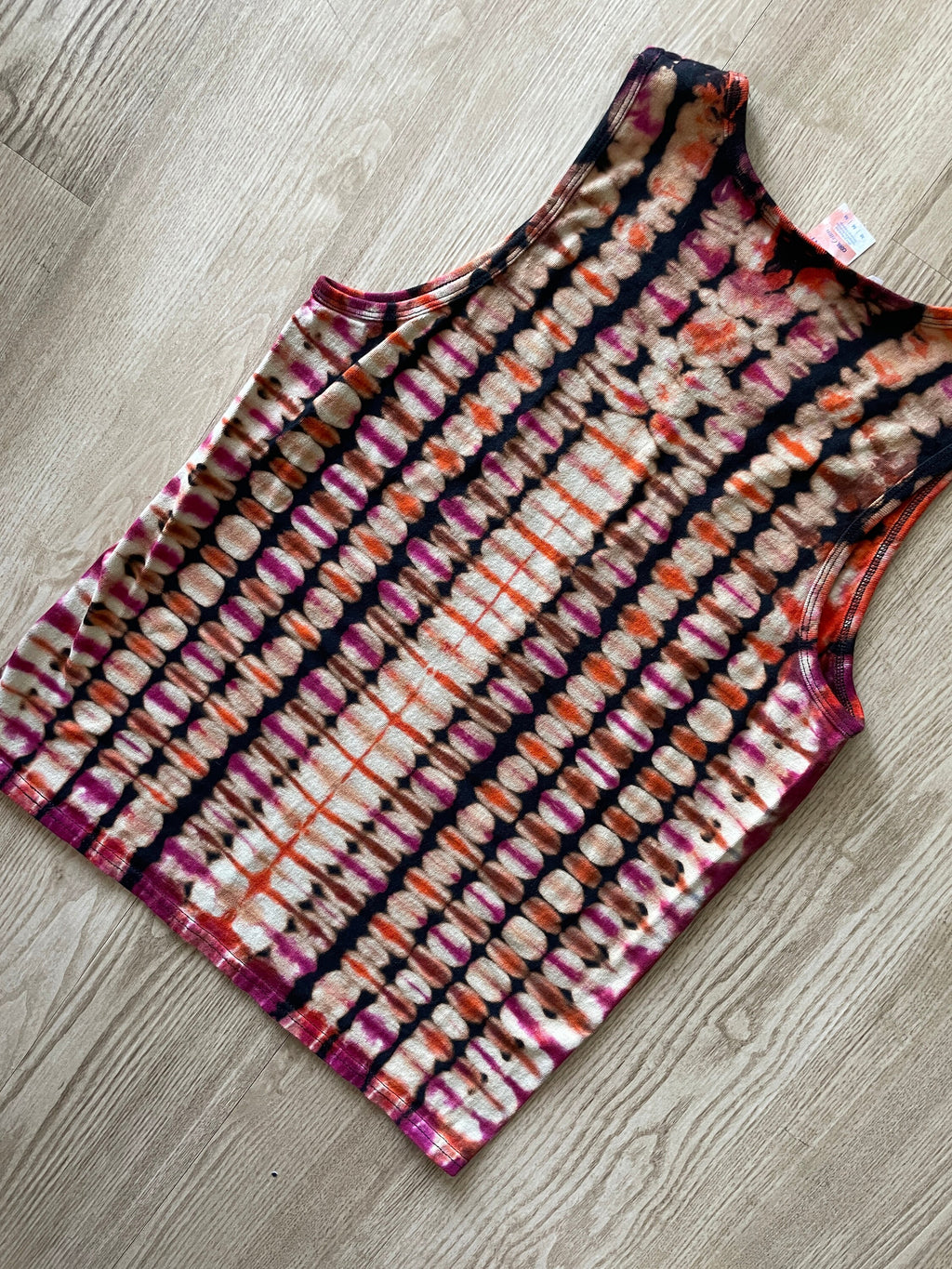 Medium Men's Hand-Printed Alien Reverse Tie Dye Tank Top | Handmade One-Of-a-Kind Upcycled Black, Orange, and Pink Sleeveless Top