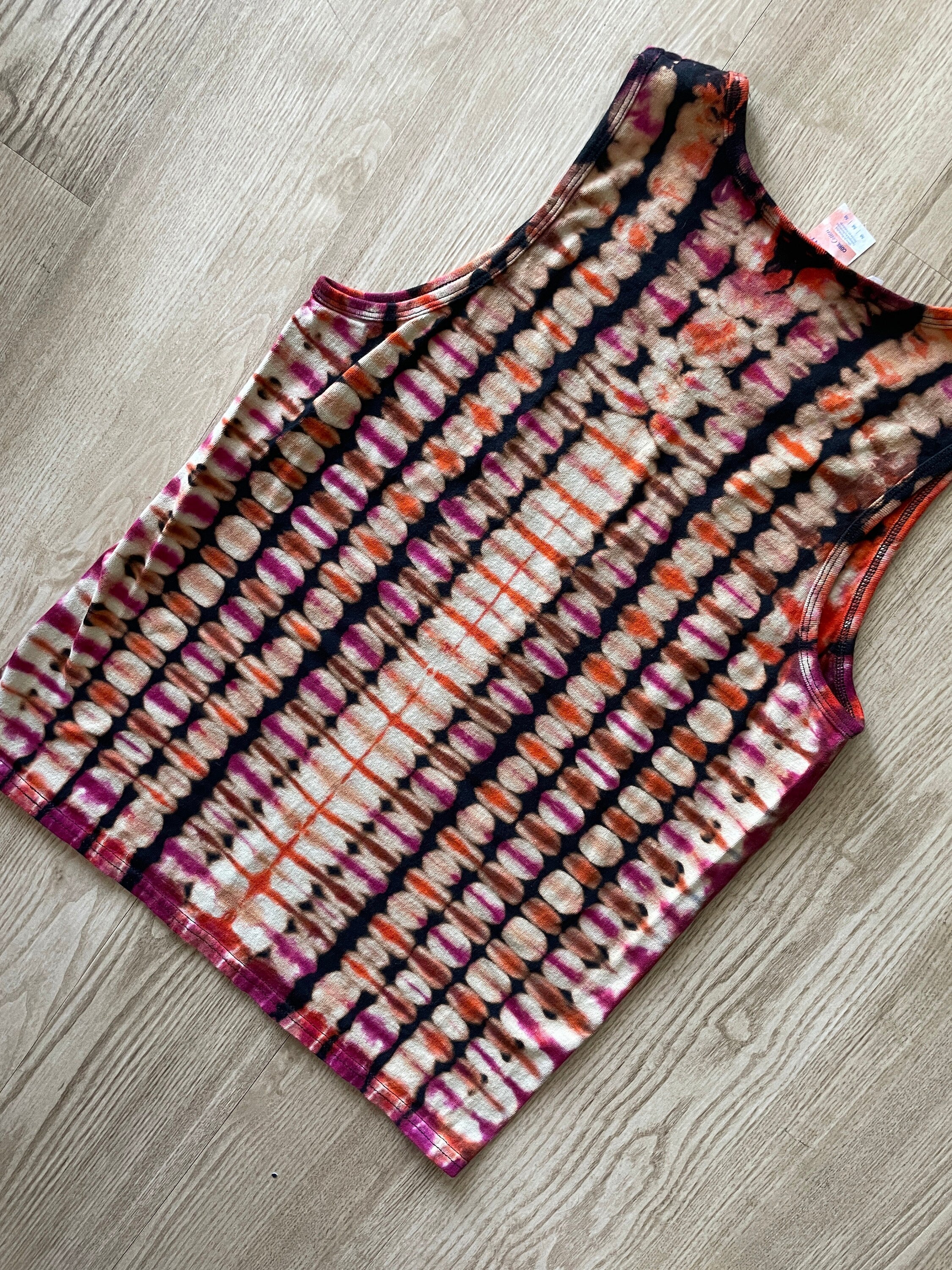 Medium Men's Hand-Printed Alien Reverse Tie Dye Tank Top | Handmade One-Of-a-Kind Upcycled Black, Orange, and Pink Sleeveless Top