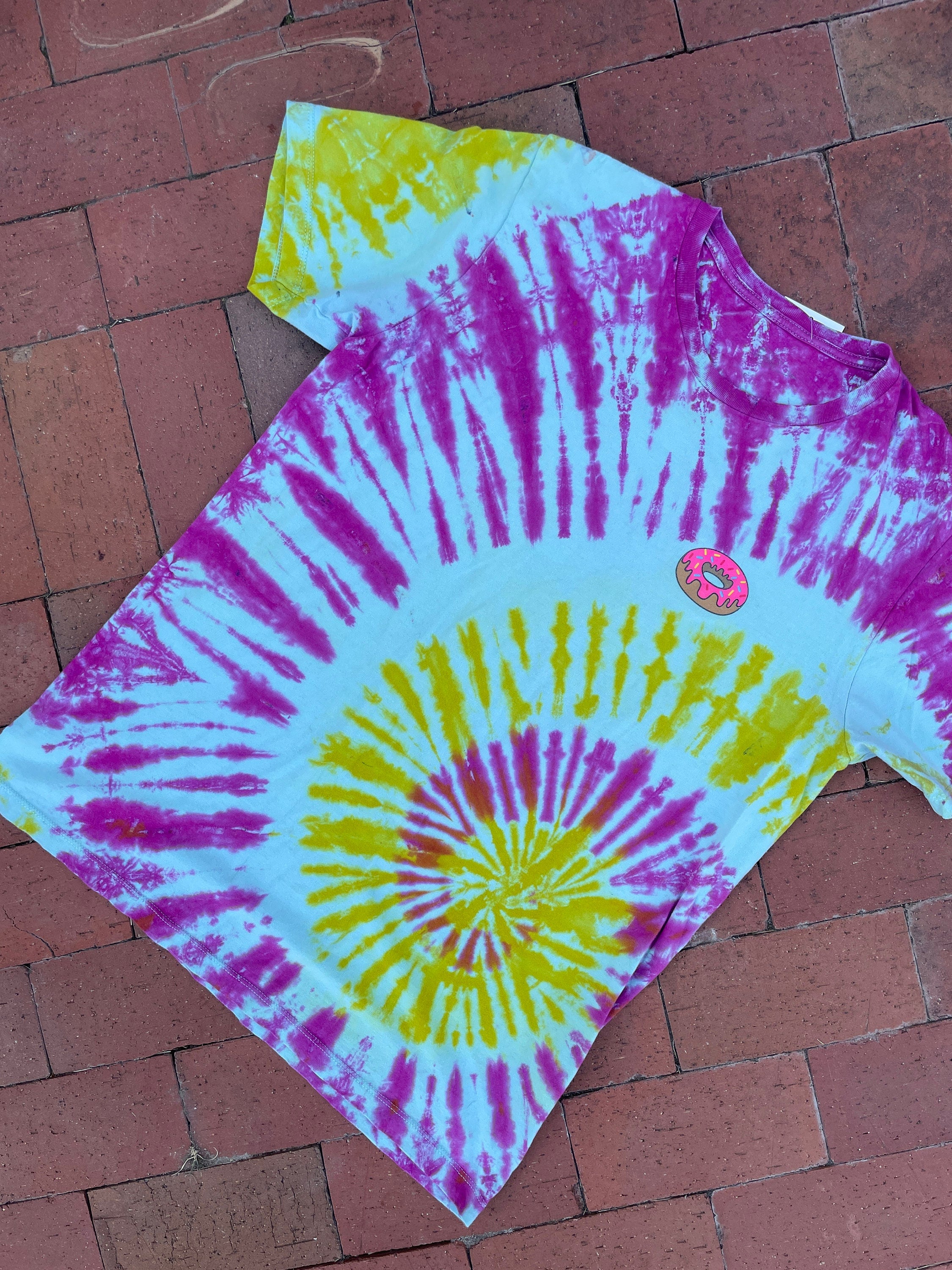 LARGE Men’s Donut Spiral Tie Dye Short Sleeve T-Shirt | One-Of-a-Kind Upcycled Pink and Yellow Top