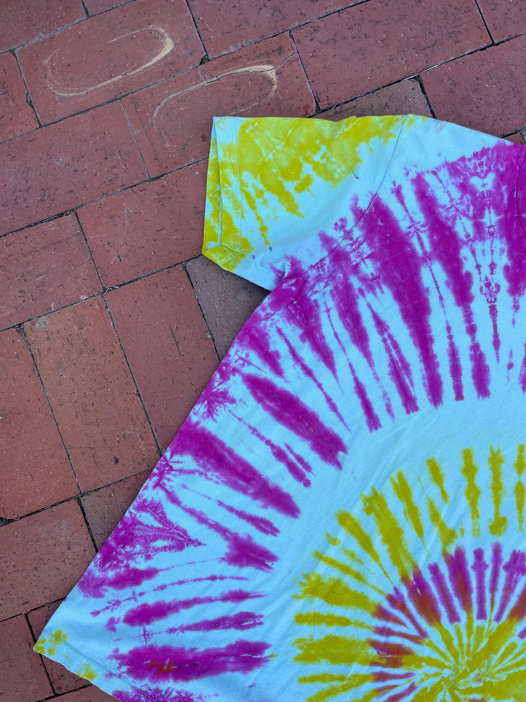 LARGE Men’s Donut Spiral Tie Dye Short Sleeve T-Shirt | One-Of-a-Kind Upcycled Pink and Yellow Top