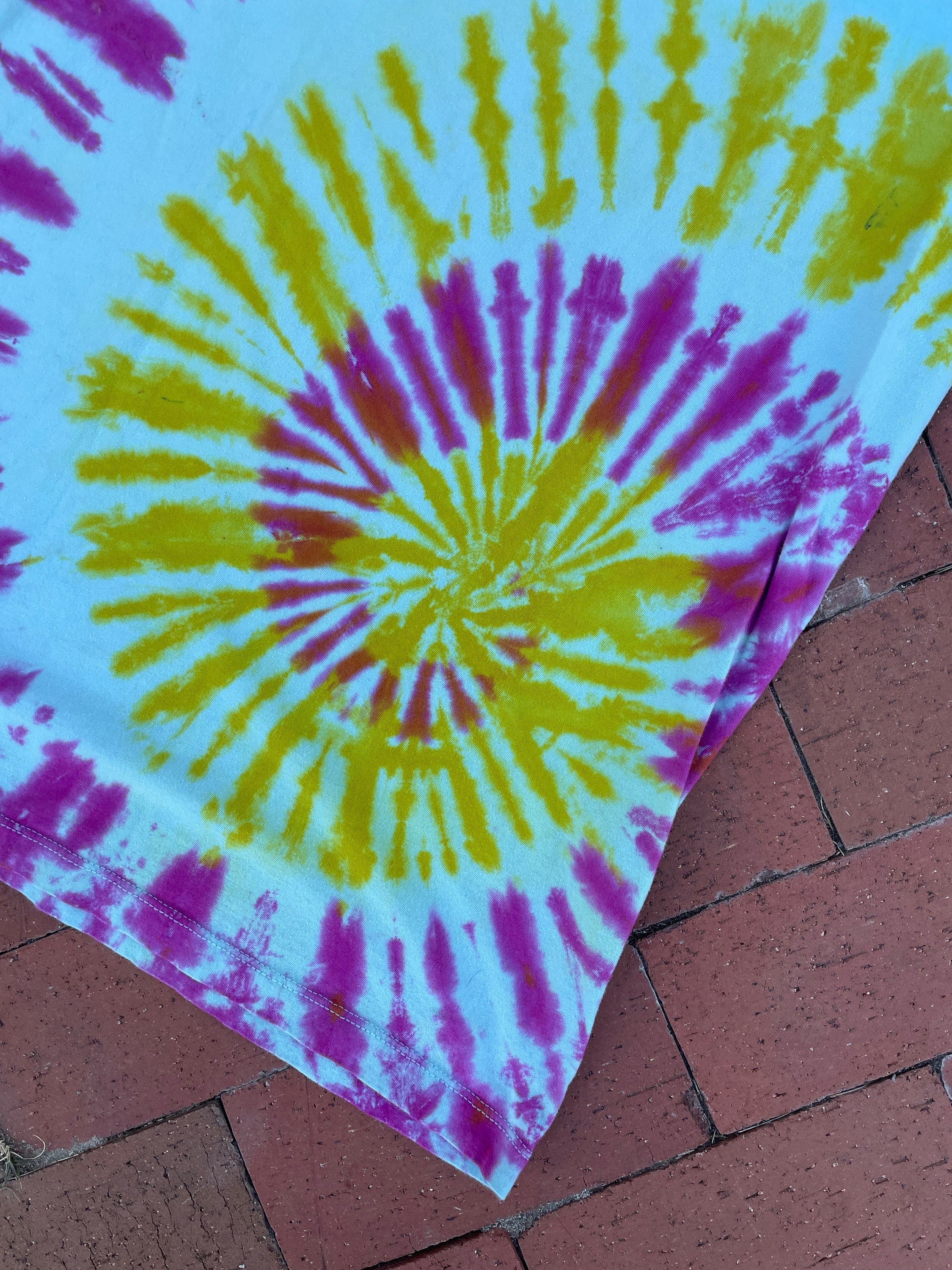 LARGE Men’s Donut Spiral Tie Dye Short Sleeve T-Shirt | One-Of-a-Kind Upcycled Pink and Yellow Top