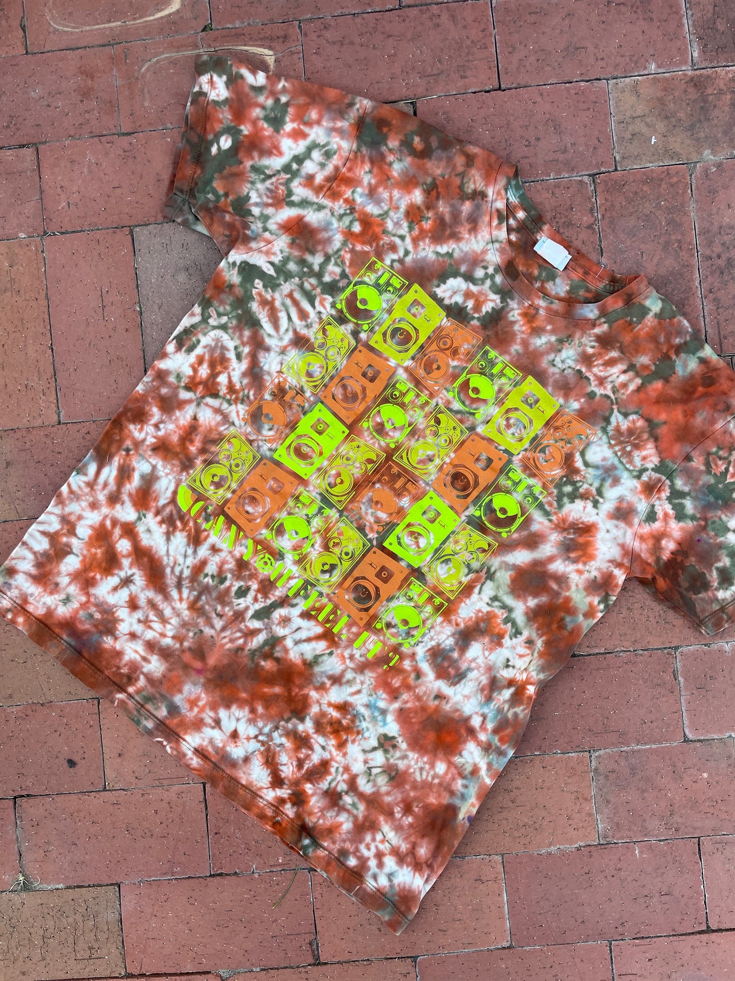 LARGE Men’s Boombox Can You Feel It? Reverse Tie Dye Short Sleeve T-Shirt | One-Of-a-Kind Upcycled Green and Orange Crumpled Top
