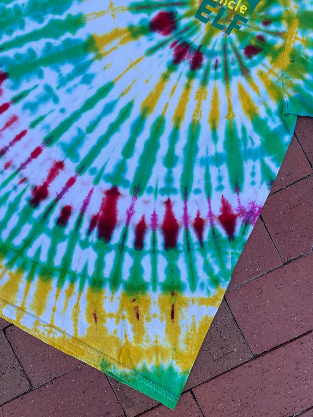 LARGE Men’s Uncle Elf Spiral Tie Dye Short Sleeve T-Shirt | One-Of-a-Kind Upcycled Red, Green, and Yellow Christmas Top