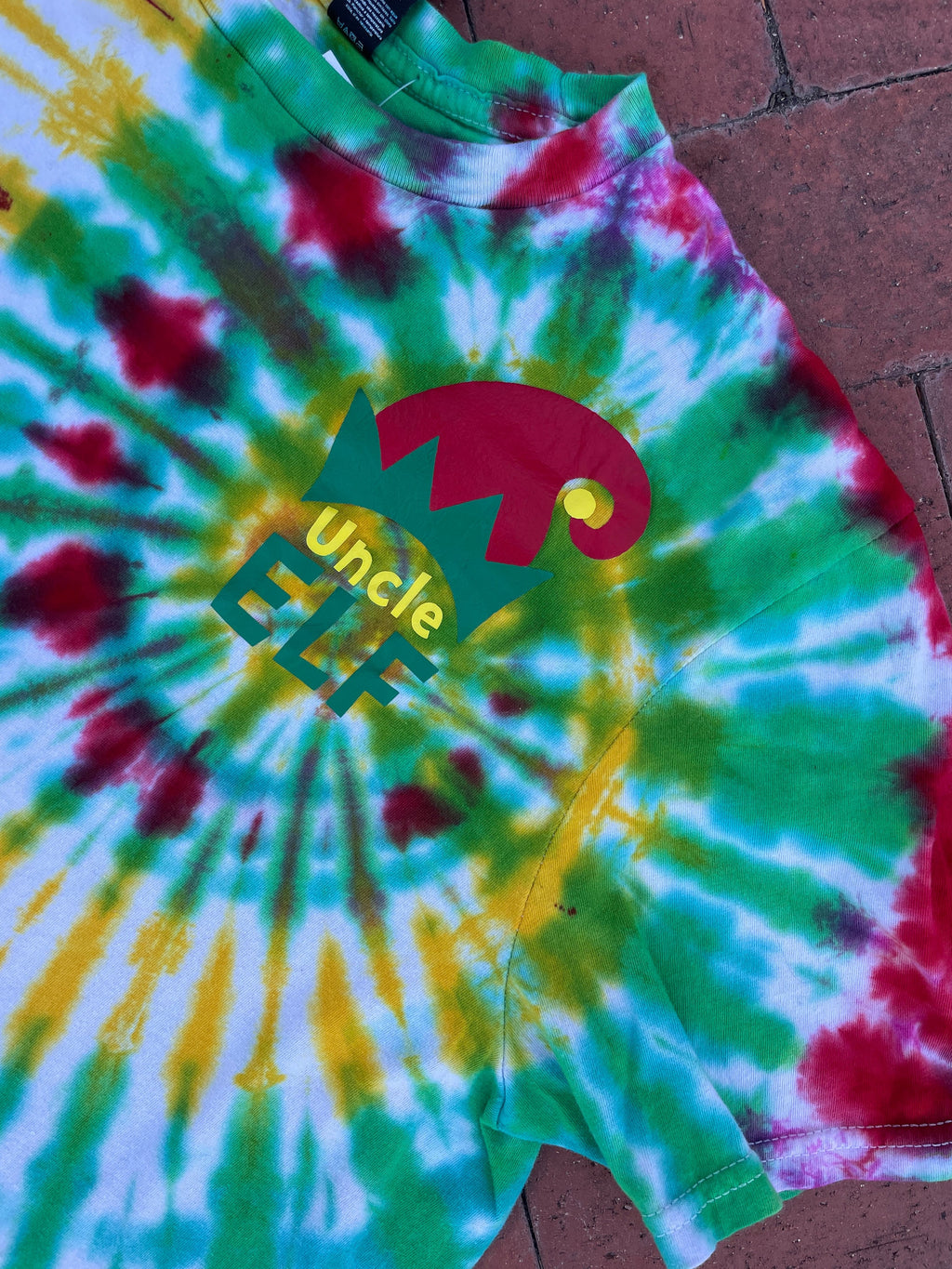 LARGE Men’s Uncle Elf Spiral Tie Dye Short Sleeve T-Shirt | One-Of-a-Kind Upcycled Red, Green, and Yellow Christmas Top