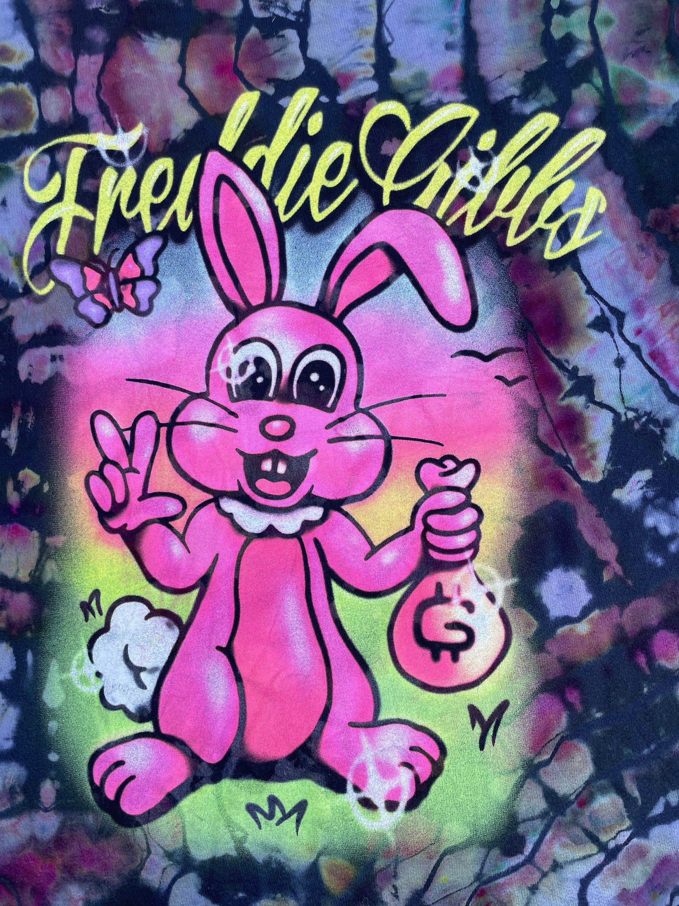 LARGE Men’s Freddie Gibbs Airbrush Bunny Reverse Tie Dye Short Sleeve T-Shirt | One-Of-a-Kind Upcycled Black and Blue Geode Top