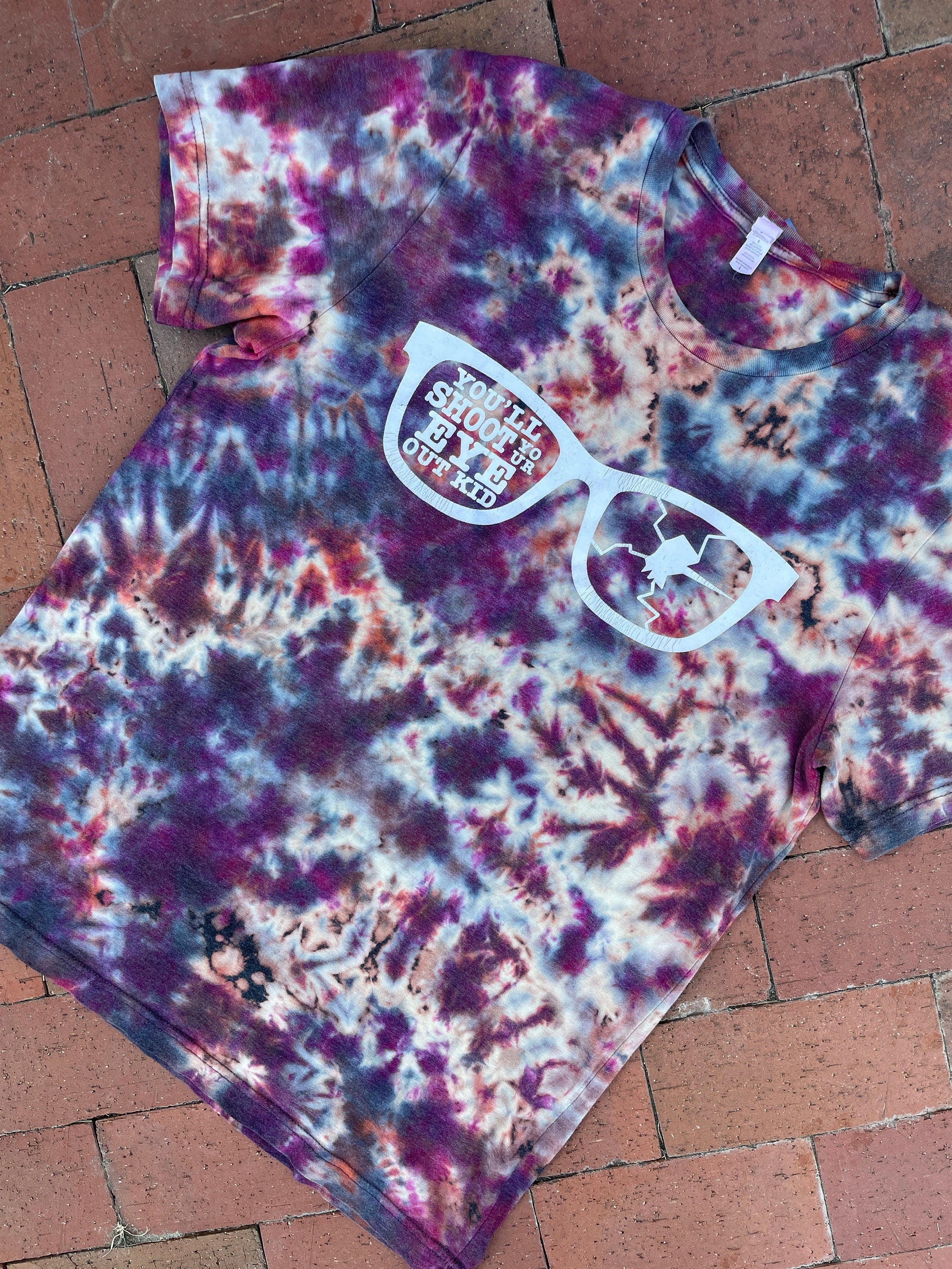 LARGE Men’s You'll Shoot Your Eye Out, Kid! A Christmas Story Reverse Tie Dye Short Sleeve T-Shirt | One-Of-a-Kind Upcycled Crumpled Top