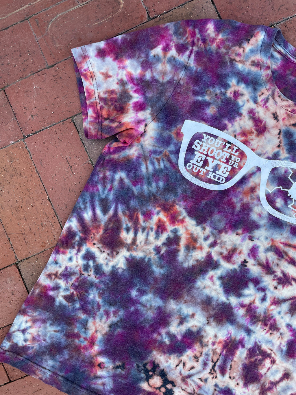 LARGE Men’s You'll Shoot Your Eye Out, Kid! A Christmas Story Reverse Tie Dye Short Sleeve T-Shirt | One-Of-a-Kind Upcycled Crumpled Top