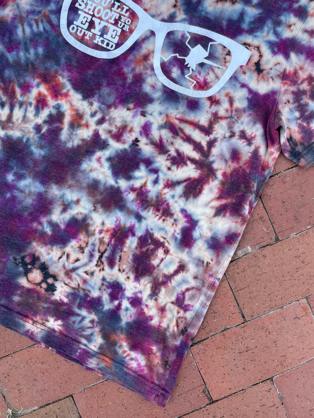 LARGE Men’s You'll Shoot Your Eye Out, Kid! A Christmas Story Reverse Tie Dye Short Sleeve T-Shirt | One-Of-a-Kind Upcycled Crumpled Top