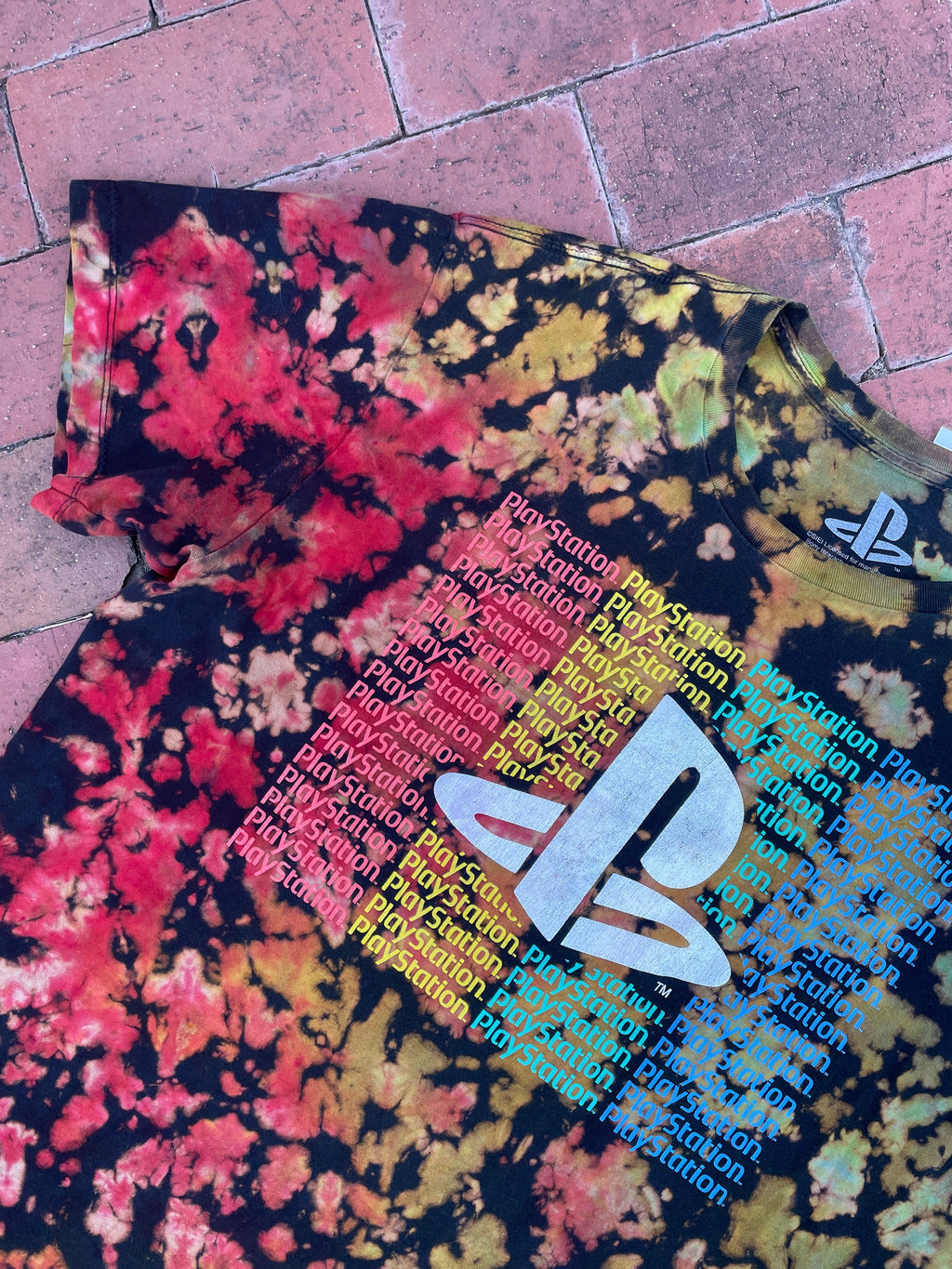 XL Men’s Playstation Reverse Tie Dye Short Sleeve T-Shirt | One-Of-a-Kind Upcycled Black and Rainbow Crumpled Graphic Tee
