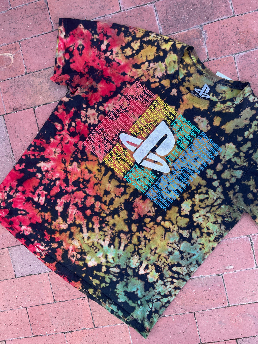 XL Men’s Playstation Reverse Tie Dye Short Sleeve T-Shirt | One-Of-a-Kind Upcycled Black and Rainbow Crumpled Graphic Tee