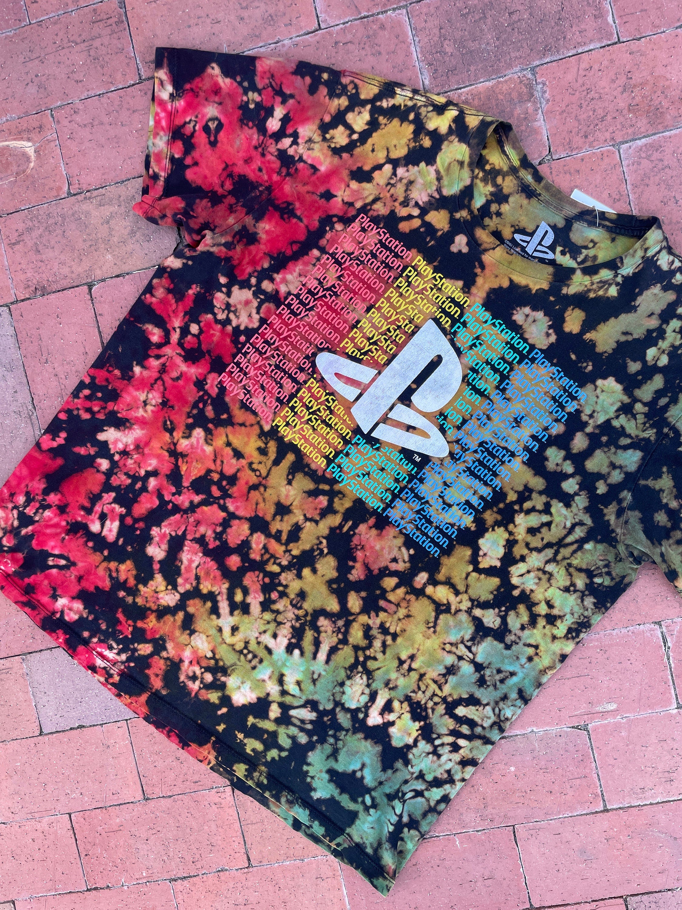 XL Men’s Playstation Reverse Tie Dye Short Sleeve T-Shirt | One-Of-a-Kind Upcycled Black and Rainbow Crumpled Graphic Tee