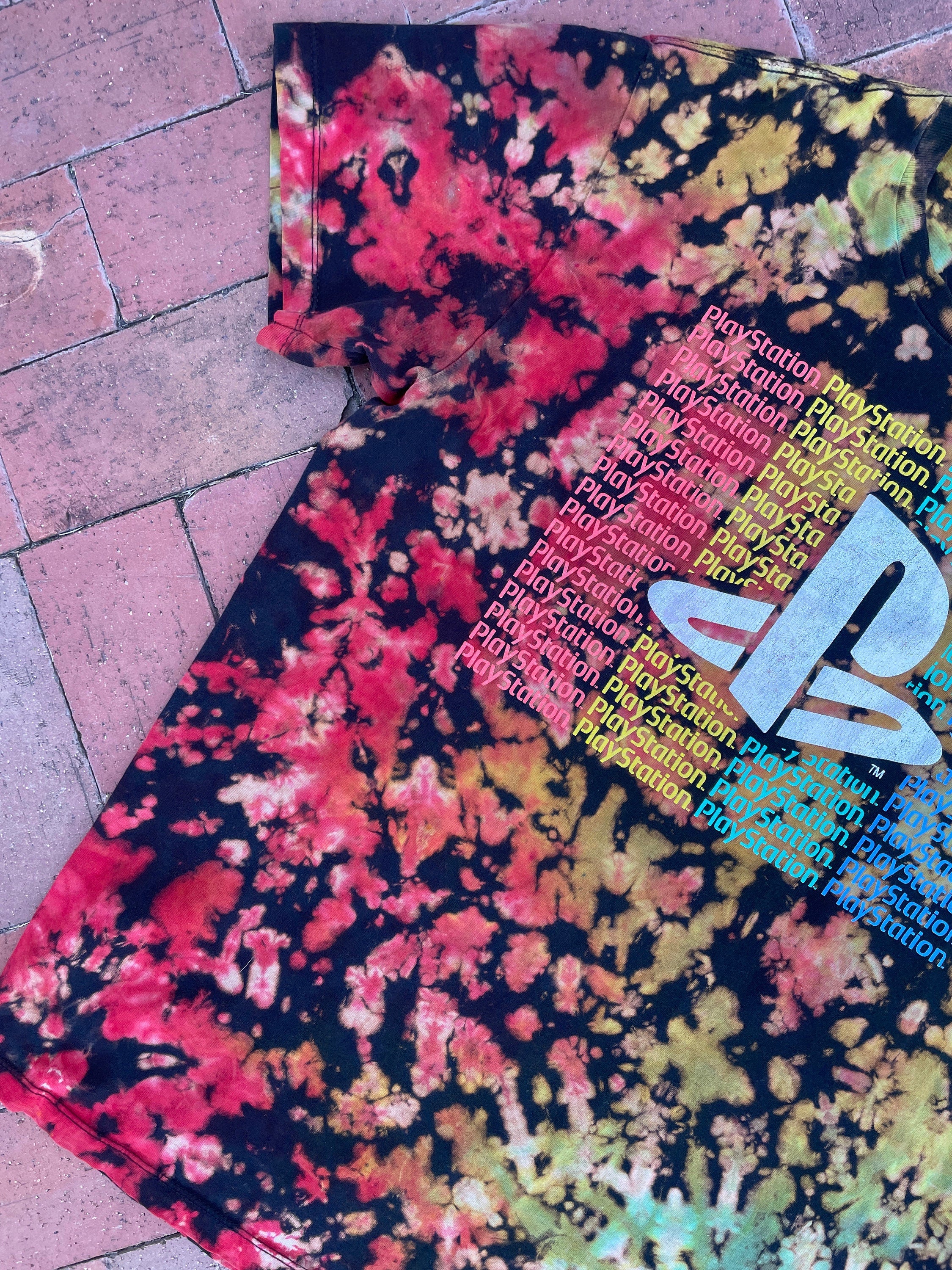 XL Men’s Playstation Reverse Tie Dye Short Sleeve T-Shirt | One-Of-a-Kind Upcycled Black and Rainbow Crumpled Graphic Tee