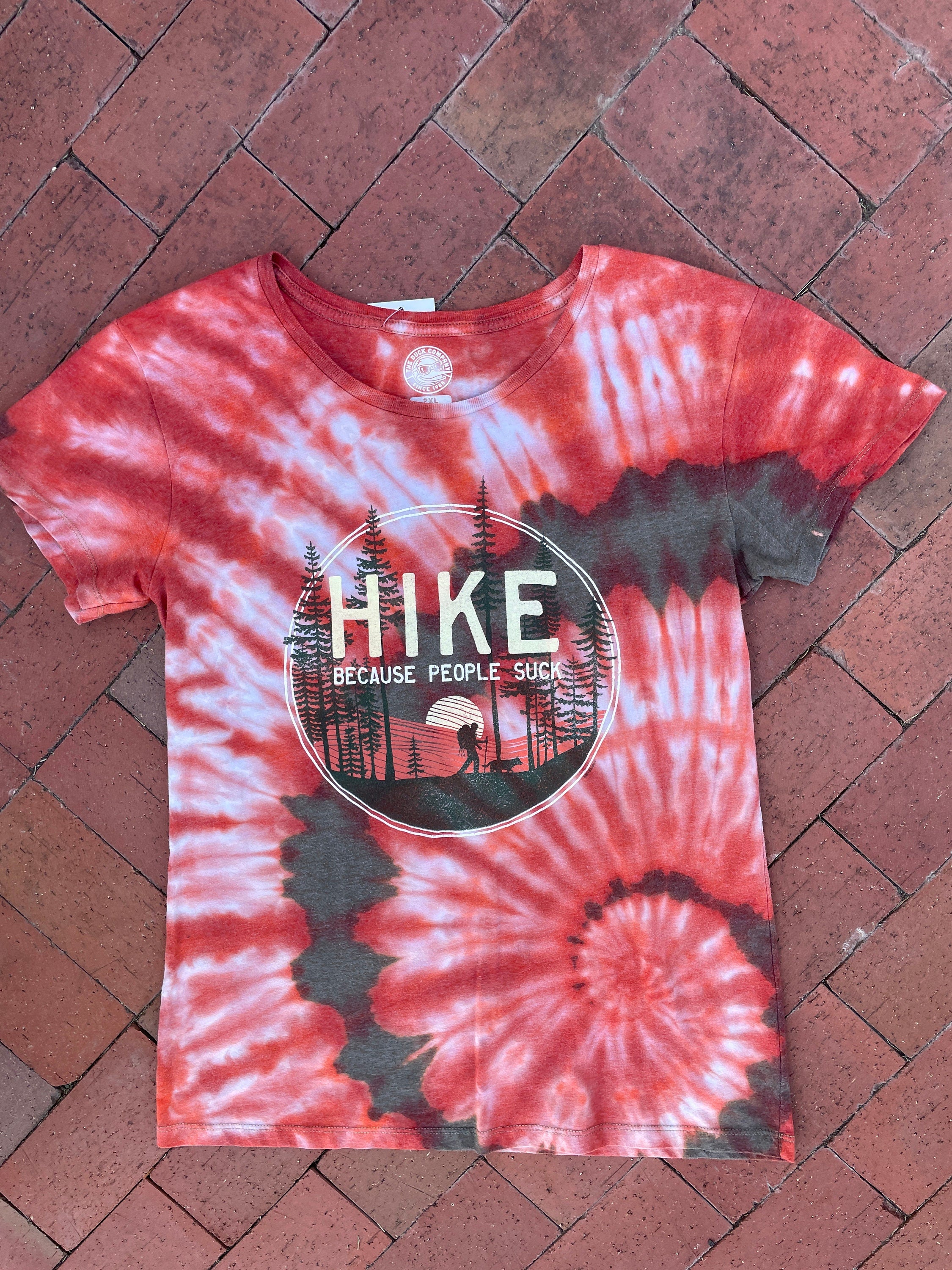 L/XL Men’s Hike: Because People Suck Reverse Tie Dye Short Sleeve T-Shirt | One-Of-a-Kind Upcycled Green and Orange Spiral Graphic Tee