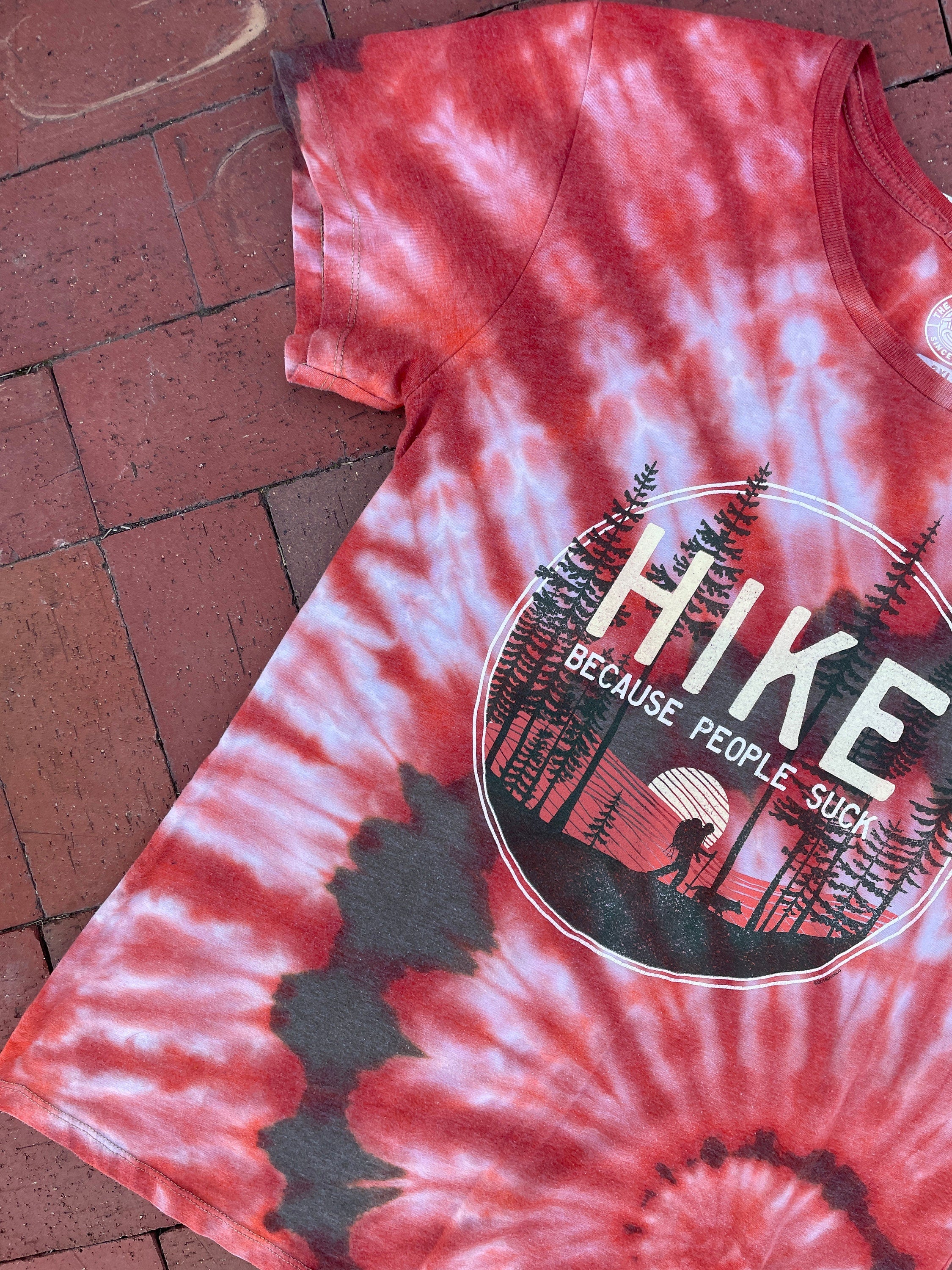 L/XL Men’s Hike: Because People Suck Reverse Tie Dye Short Sleeve T-Shirt | One-Of-a-Kind Upcycled Green and Orange Spiral Graphic Tee