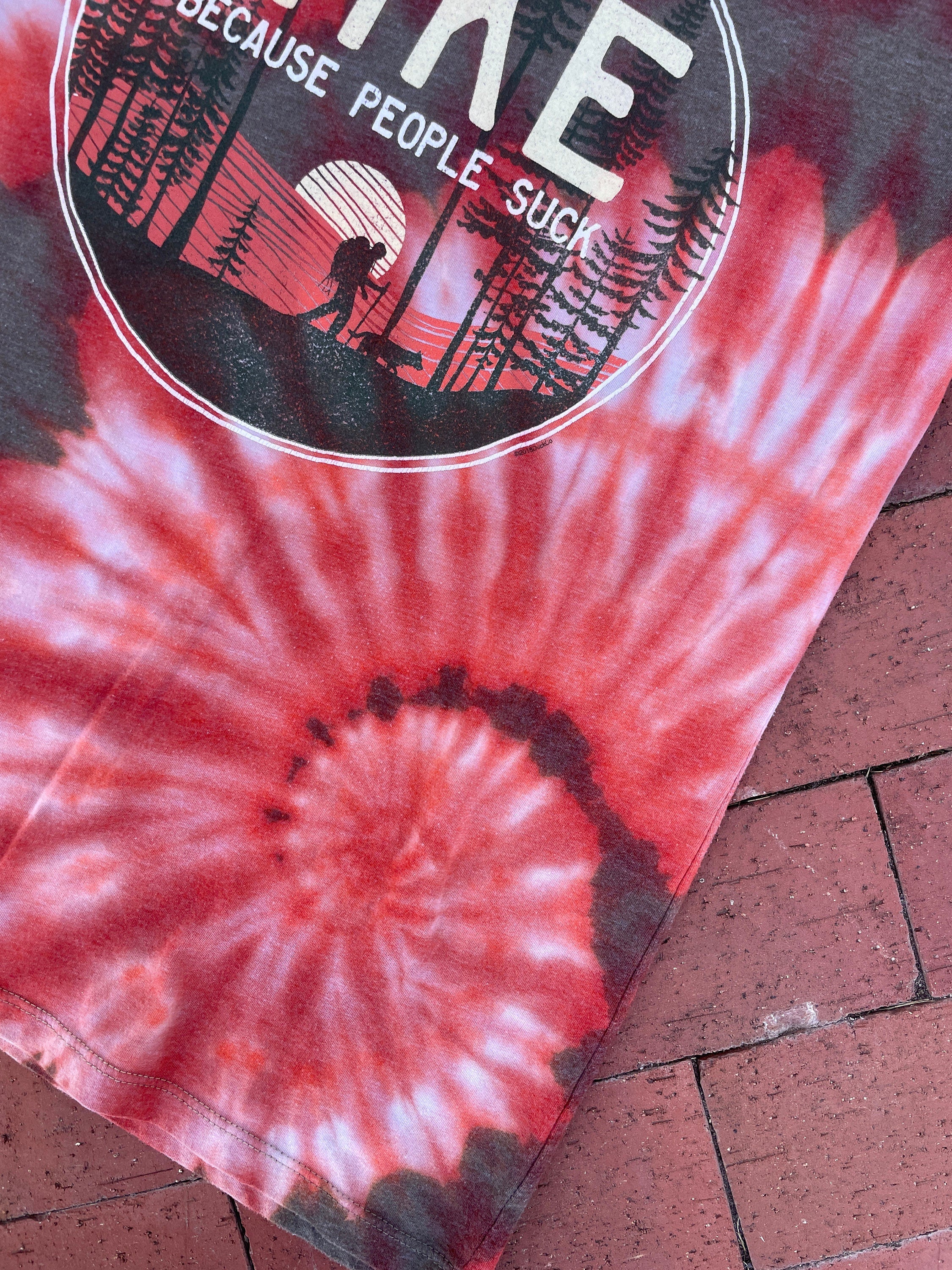 L/XL Men’s Hike: Because People Suck Reverse Tie Dye Short Sleeve T-Shirt | One-Of-a-Kind Upcycled Green and Orange Spiral Graphic Tee