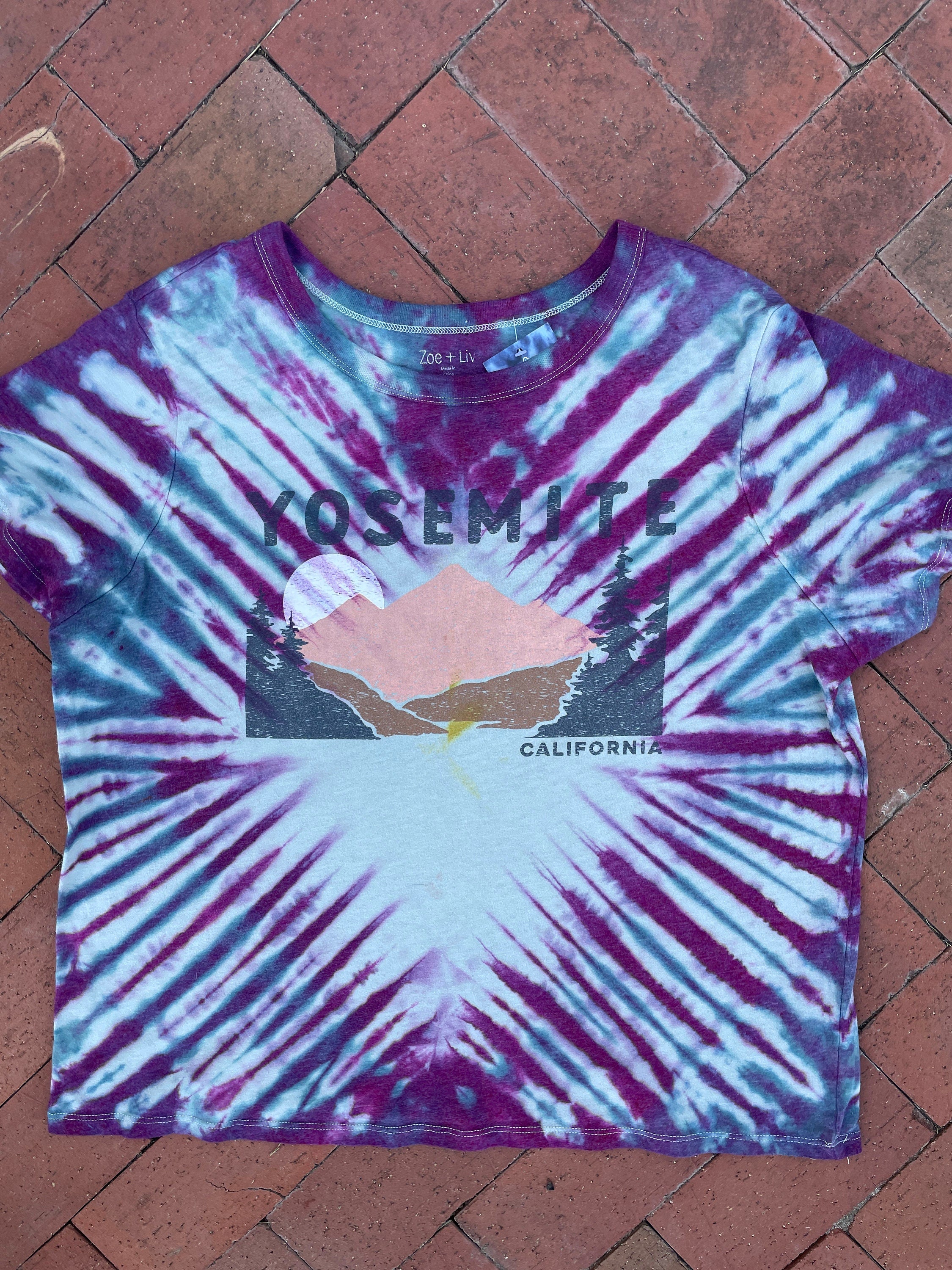 2XL Junior's Yosemite Mountains Tie Dye Short Sleeve T-Shirt | One-Of-a-Kind Upcycled Pink and Teal Graphic Tee