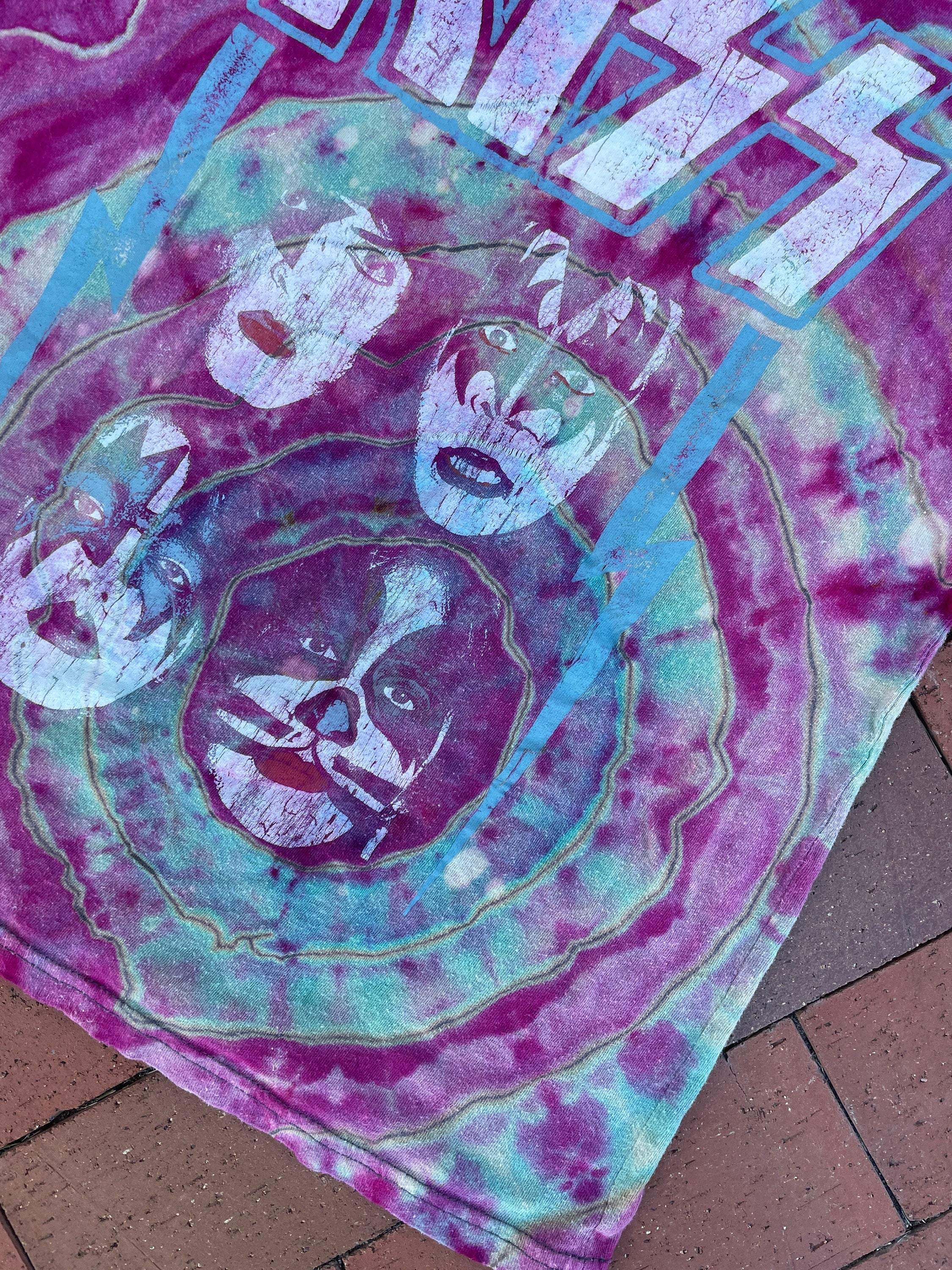 SMALL Women's KISS Handmade Reverse Tie Dye Short Sleeve T-Shirt | One-Of-a-Kind Upcycled Pink and Blue Galaxy Geode Top