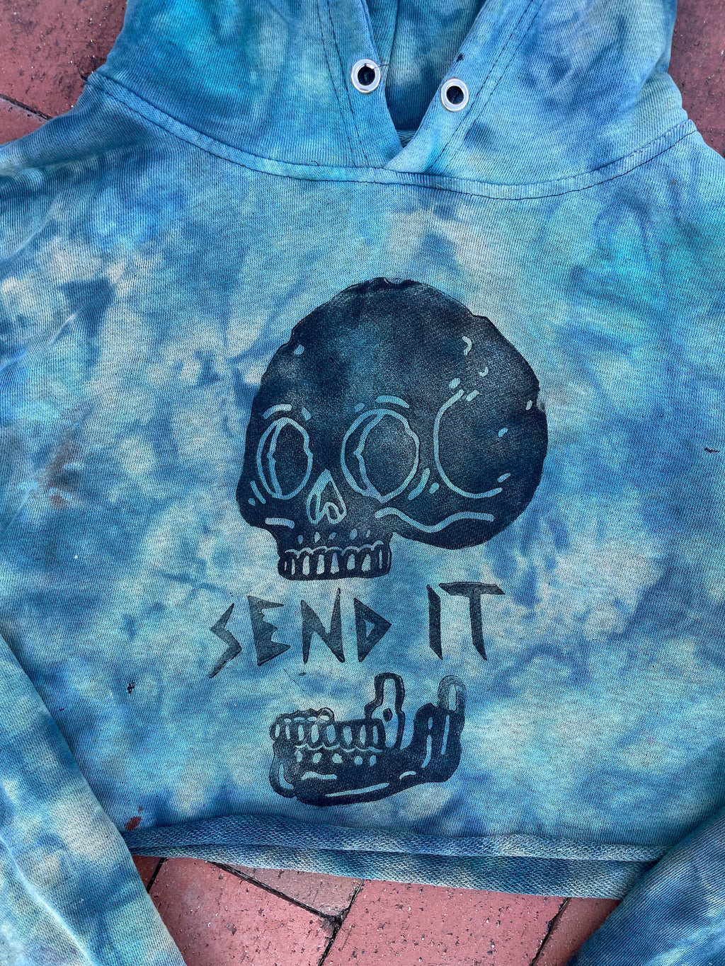 M/L Women's Hand-Printed Send It Skull Handmade Tie Dye Hoodie Crop Top | One-Of-a-Kind Upcycled Green and Blue Cropped Sweatshirt