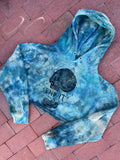 M/L Women's Hand-Printed Send It Skull Handmade Tie Dye Hoodie Crop Top | One-Of-a-Kind Upcycled Green and Blue Cropped Sweatshirt