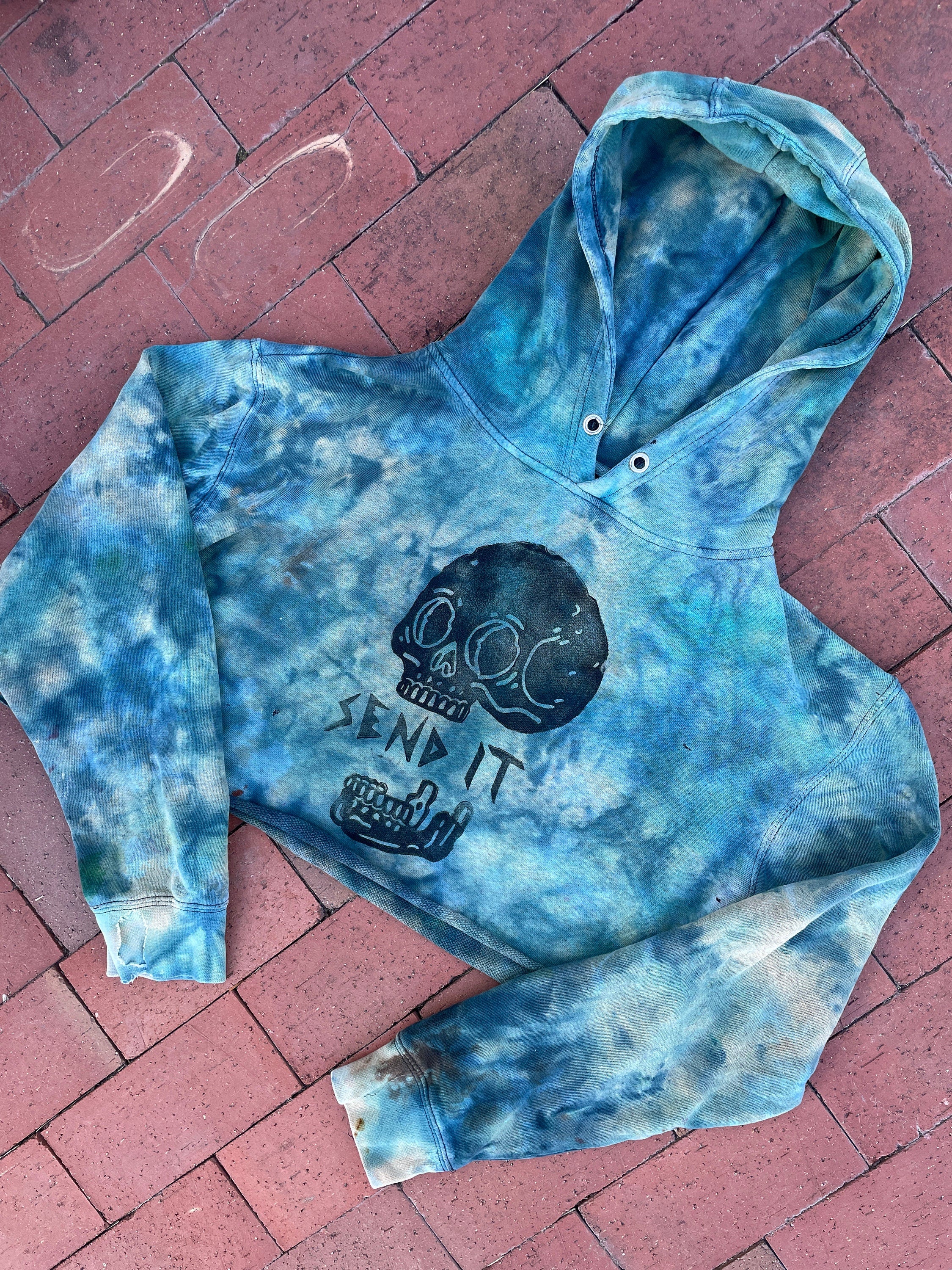 M/L Women's Hand-Printed Send It Skull Handmade Tie Dye Hoodie Crop Top | One-Of-a-Kind Upcycled Green and Blue Cropped Sweatshirt