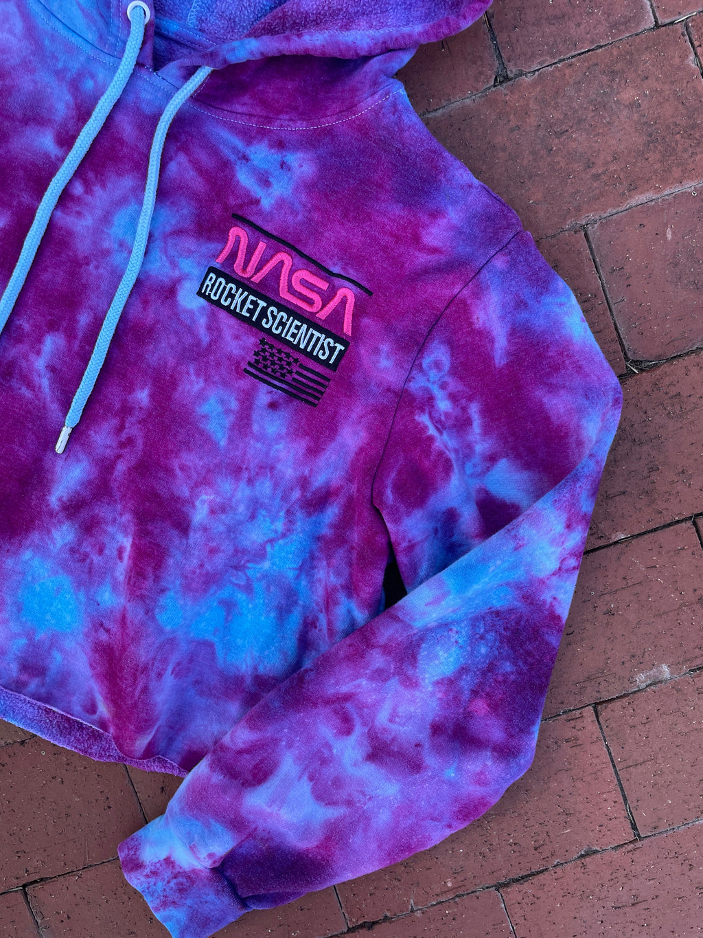 SMALL Women's NASA Rocket Scientist Handmade Galaxy Ice Dye Long Sleeve Cropped Hoodie | One-Of-a-Kind Upcycled Blue and Purple Sweatshirt