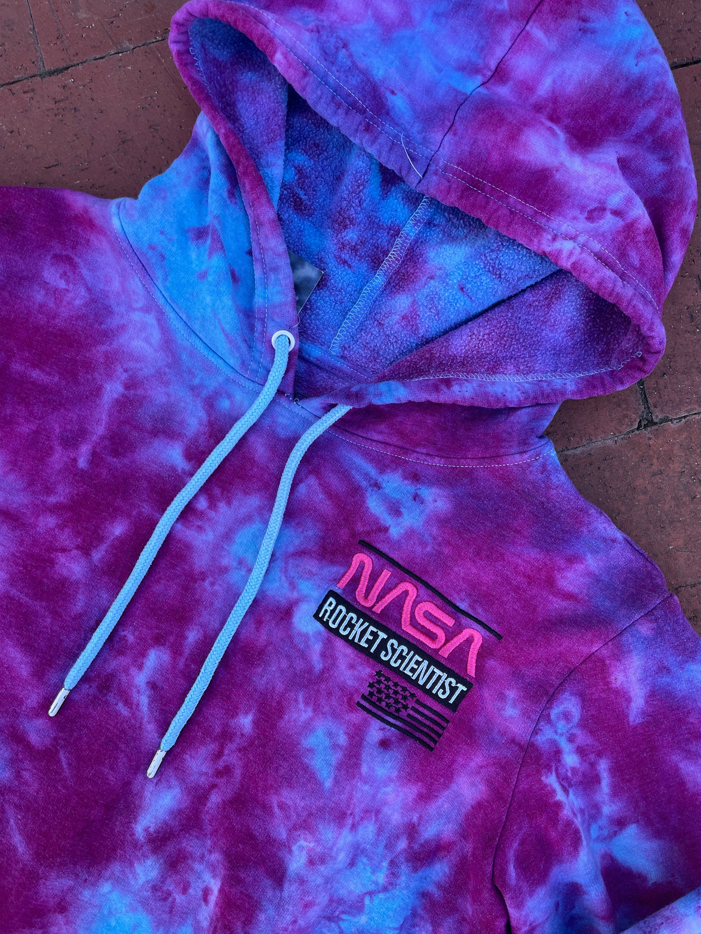 SMALL Women's NASA Rocket Scientist Handmade Galaxy Ice Dye Long Sleeve Cropped Hoodie | One-Of-a-Kind Upcycled Blue and Purple Sweatshirt