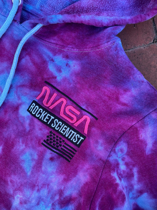 SMALL Women's NASA Rocket Scientist Handmade Galaxy Ice Dye Long Sleeve Cropped Hoodie | One-Of-a-Kind Upcycled Blue and Purple Sweatshirt
