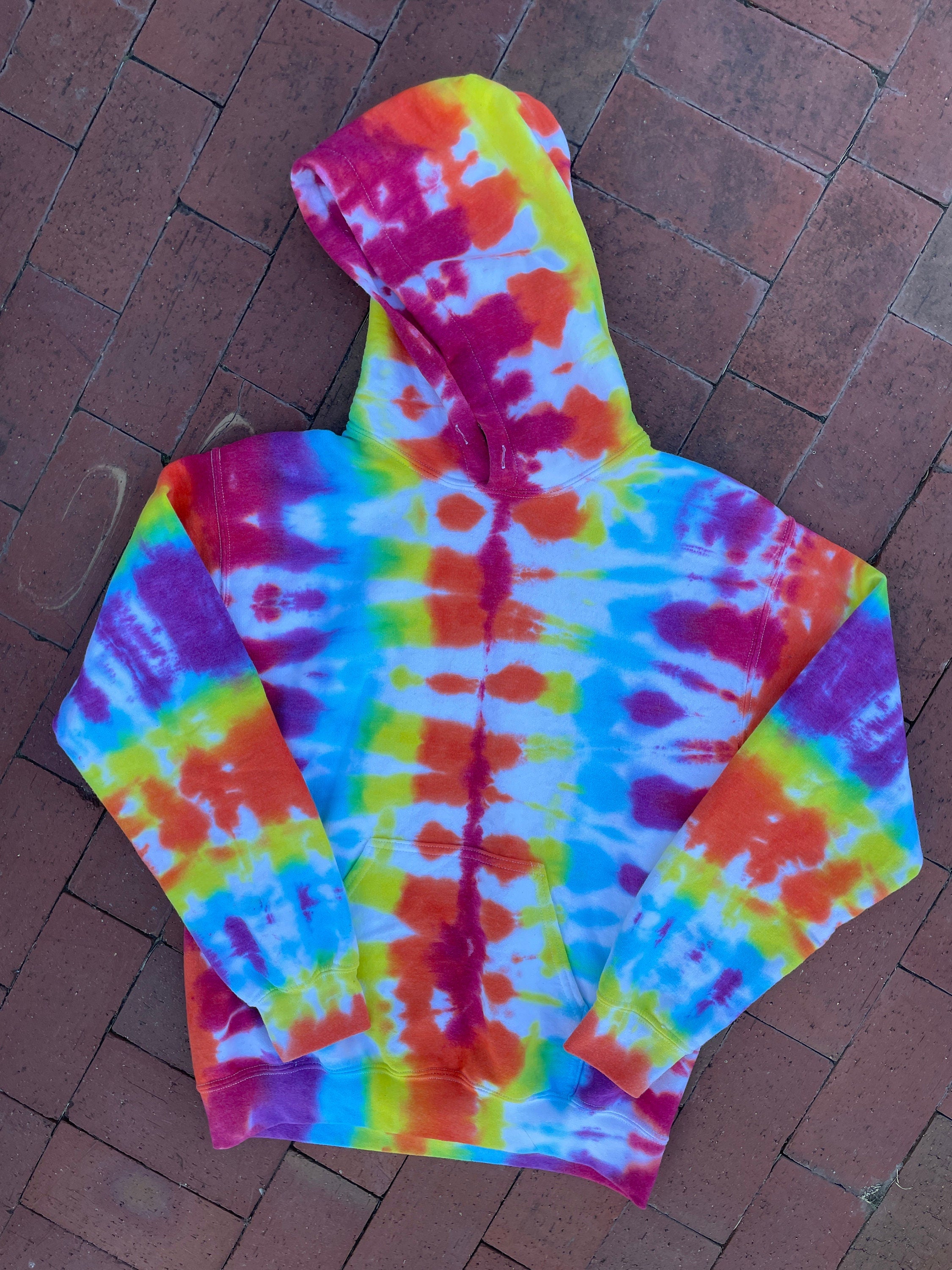 SMALL Men's Rainbow Handmade Tie Dye Long Sleeve Hoodie | One-Of-a-Kind Upcycled Rainbow and White Pleated Sweatshirt