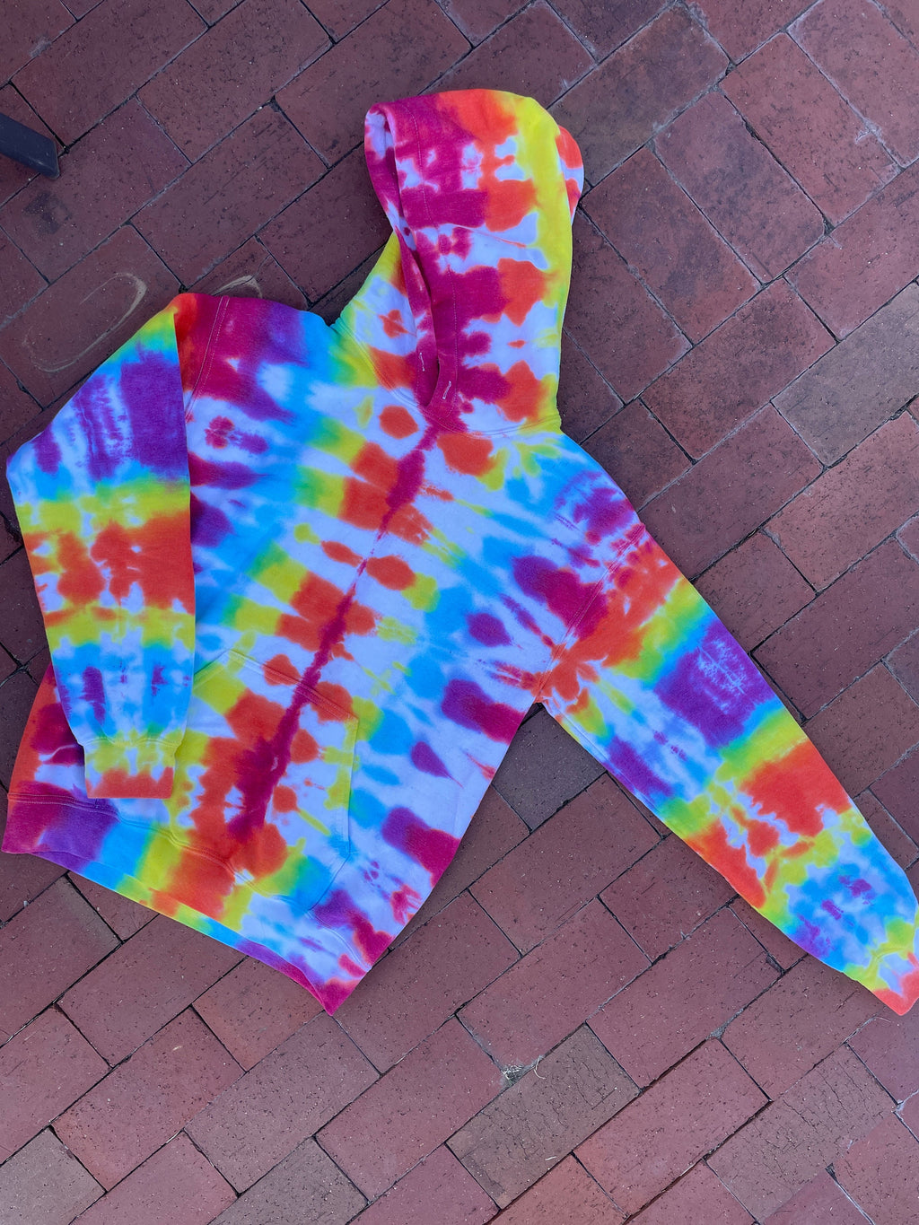 SMALL Men's Rainbow Handmade Tie Dye Long Sleeve Hoodie | One-Of-a-Kind Upcycled Rainbow and White Pleated Sweatshirt