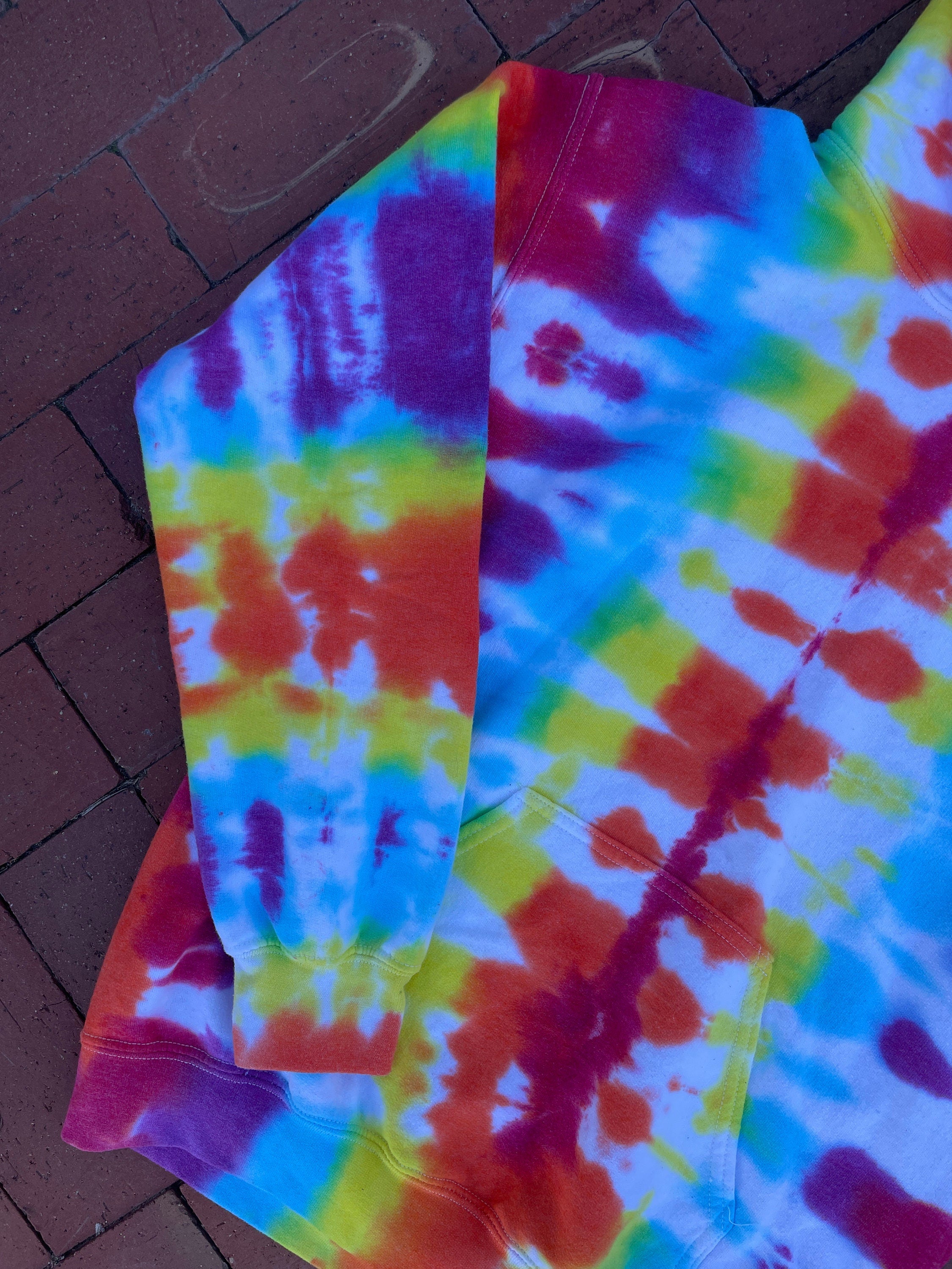 SMALL Men's Rainbow Handmade Tie Dye Long Sleeve Hoodie | One-Of-a-Kind Upcycled Rainbow and White Pleated Sweatshirt