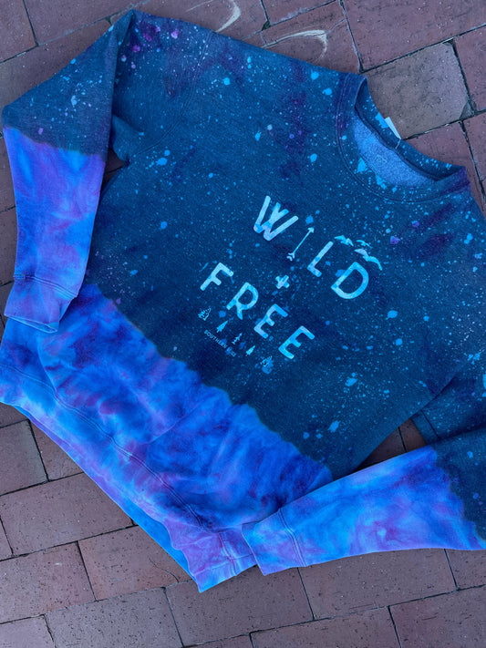 SMALL Unisex Wild & Free Handmade Galaxy Dip Dyed Long Sleeve Sweatshirt | One-Of-a-Kind Upcycled Gray and Blue Crewneck Sweatshirt