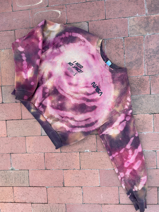 MEDIUM Women's NASA I Need My Space! Handmade Bleach Dye Long Sleeve Pullover Sweatshirt | One-Of-a-Kind Upcycled Red and White Crewneck