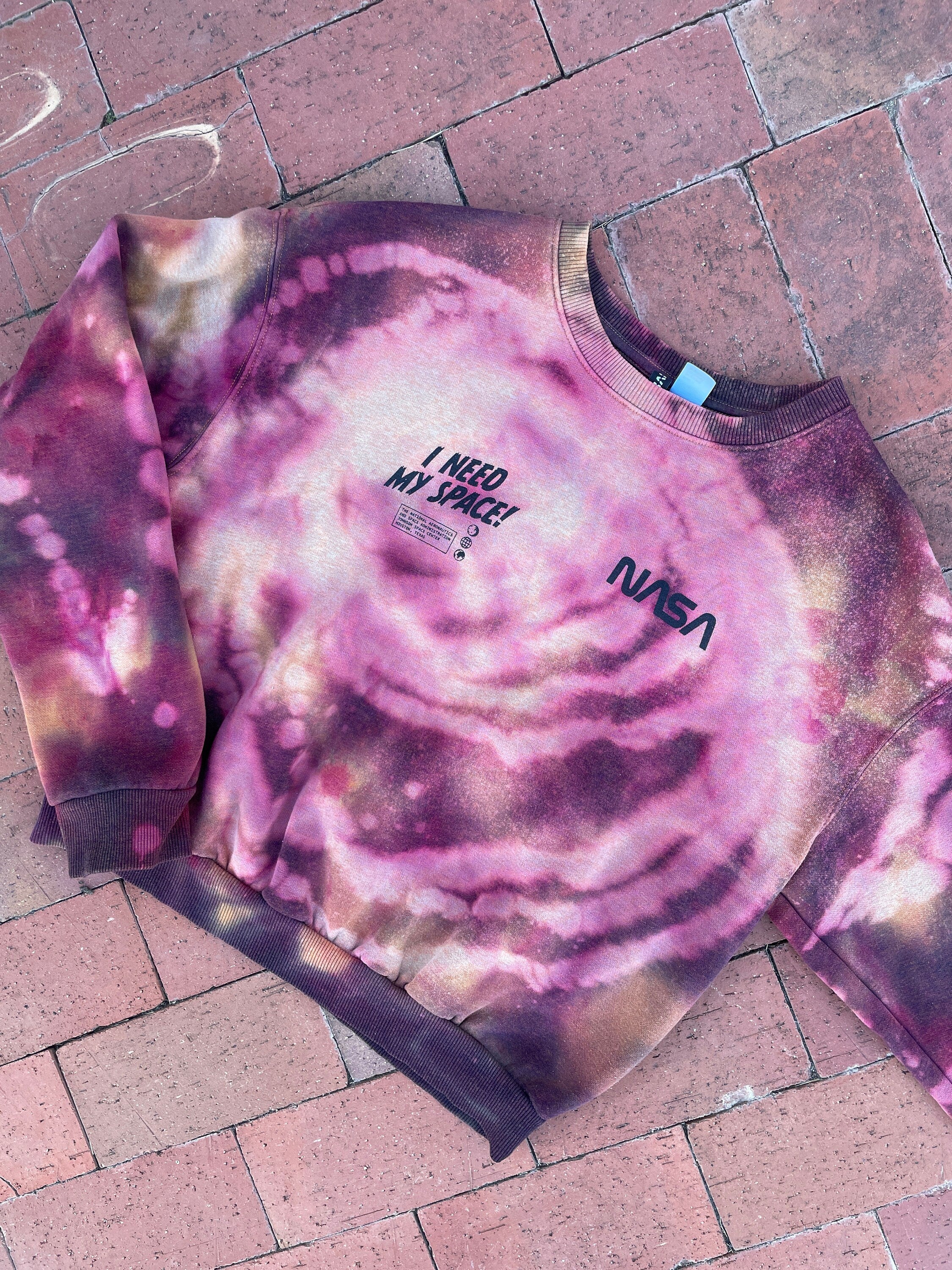 MEDIUM Women's NASA I Need My Space! Handmade Bleach Dye Long Sleeve Pullover Sweatshirt | One-Of-a-Kind Upcycled Red and White Crewneck