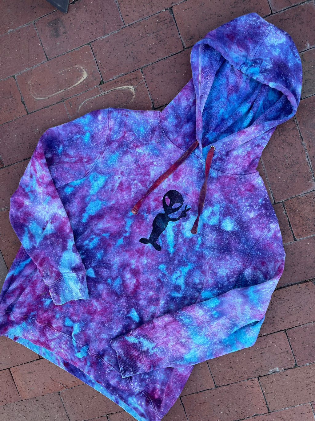 Large Women's Hand-Printed Alien Reverse Tie Dye Hoodie | Handmade One-Of-a-Kind Upcycled Blue, Pink, and Purple Sweatshirt