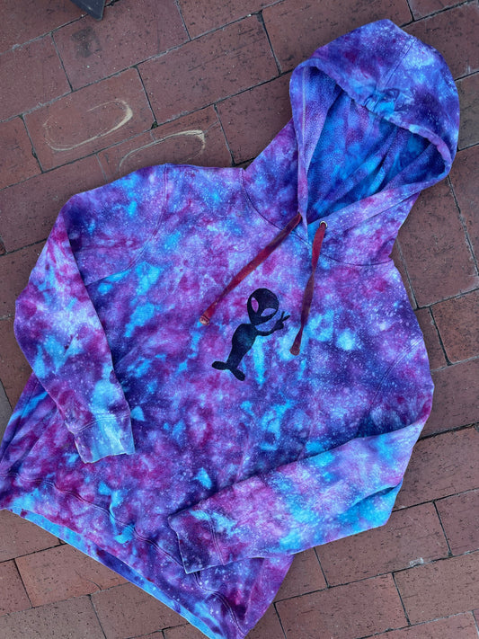 Large Women's Hand-Printed Alien Reverse Tie Dye Hoodie | Handmade One-Of-a-Kind Upcycled Blue, Pink, and Purple Sweatshirt