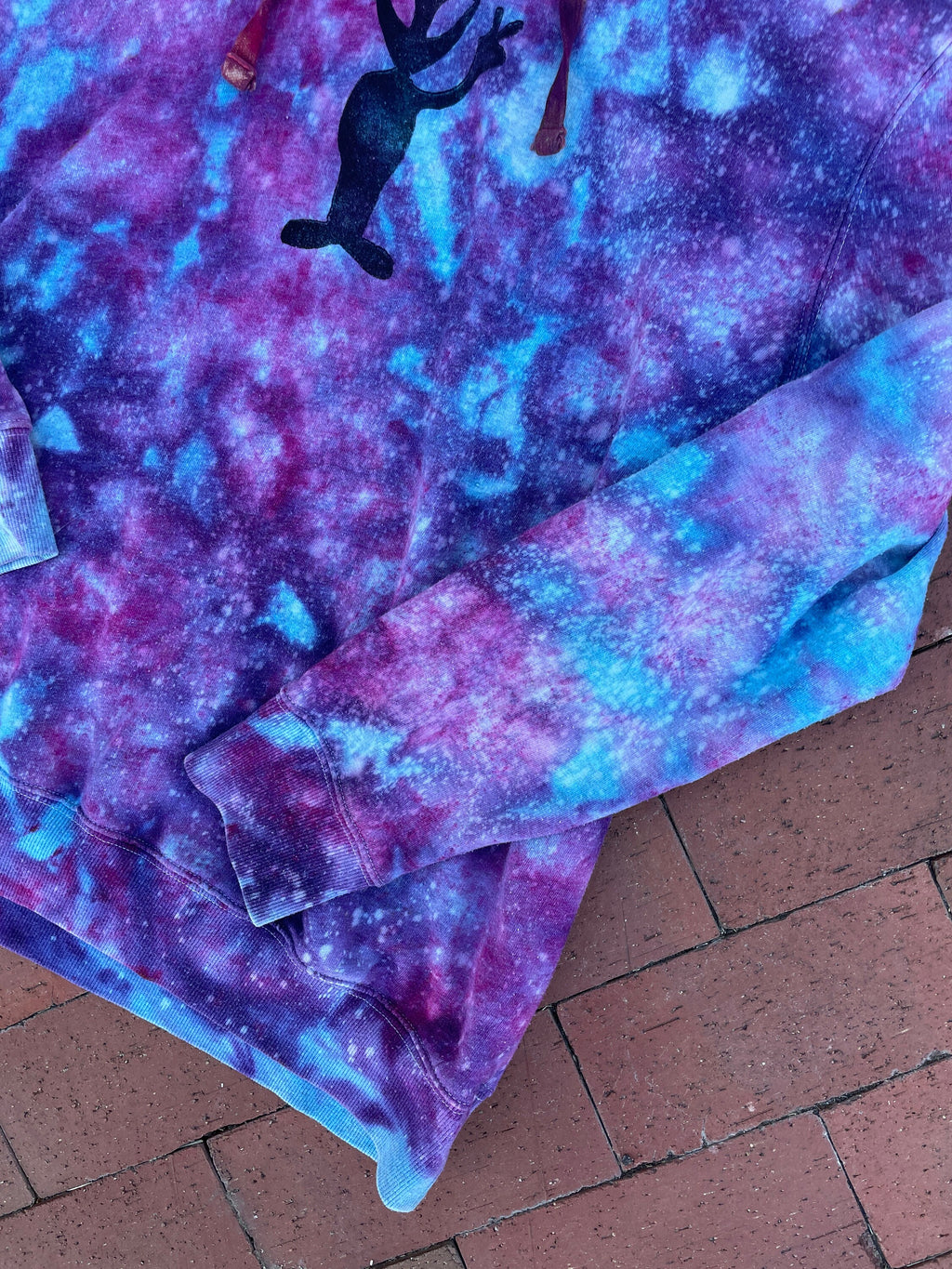 Large Women's Hand-Printed Alien Reverse Tie Dye Hoodie | Handmade One-Of-a-Kind Upcycled Blue, Pink, and Purple Sweatshirt
