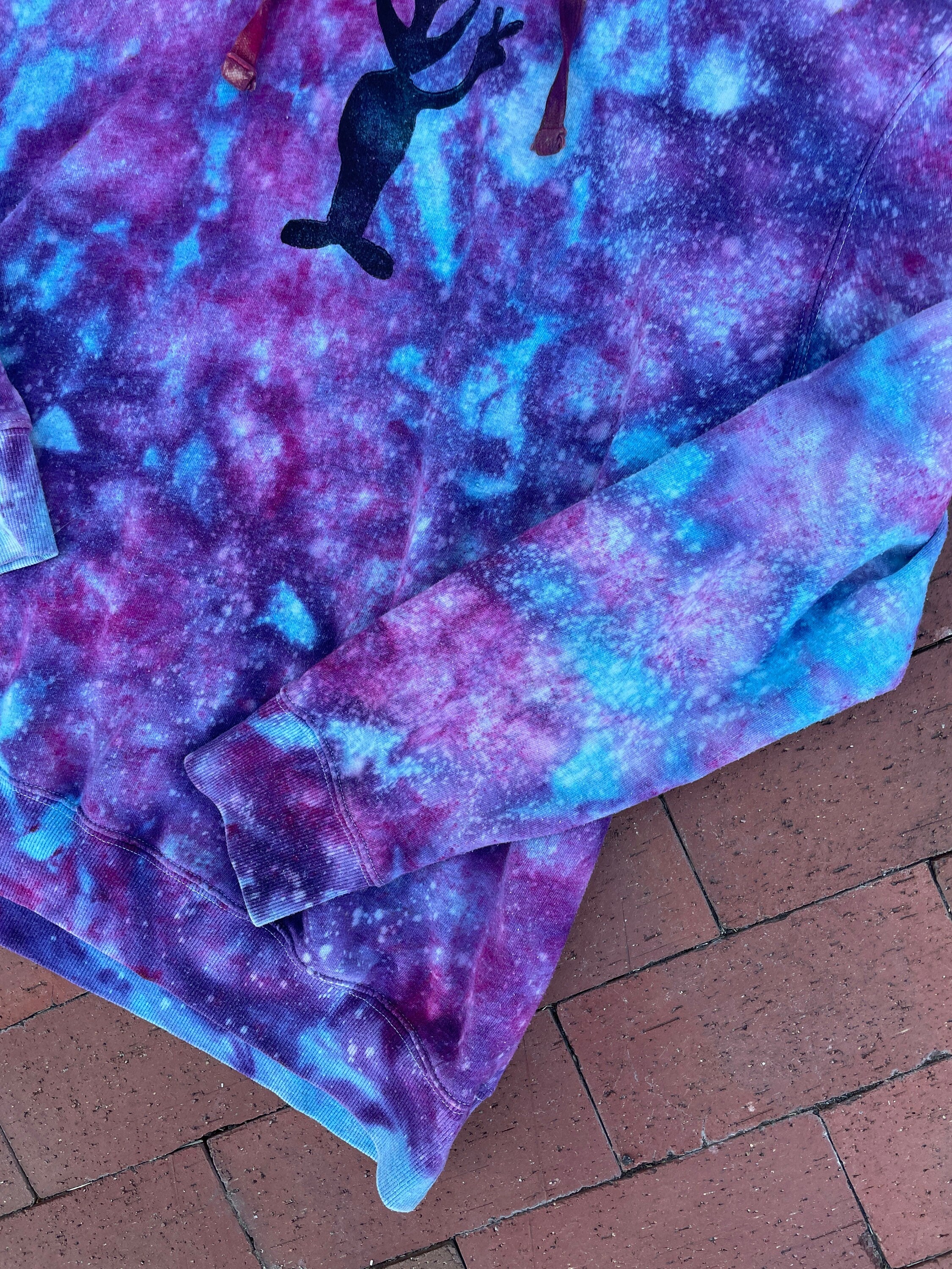 Large Women's Hand-Printed Alien Reverse Tie Dye Hoodie | Handmade One-Of-a-Kind Upcycled Blue, Pink, and Purple Sweatshirt